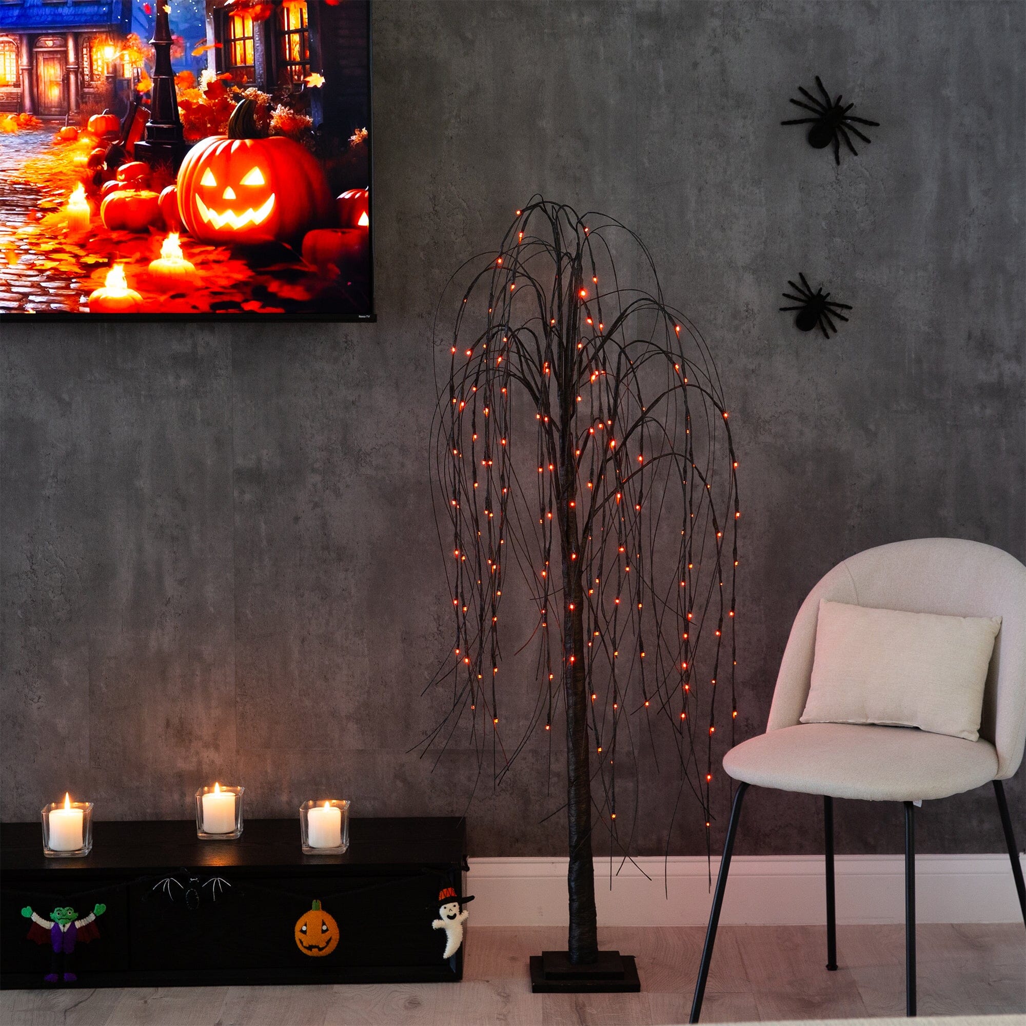 5’ Pre-Lit Halloween Black Willow Artificial Fall Tree with 144 Orange & Purple LED Lights - Image 3