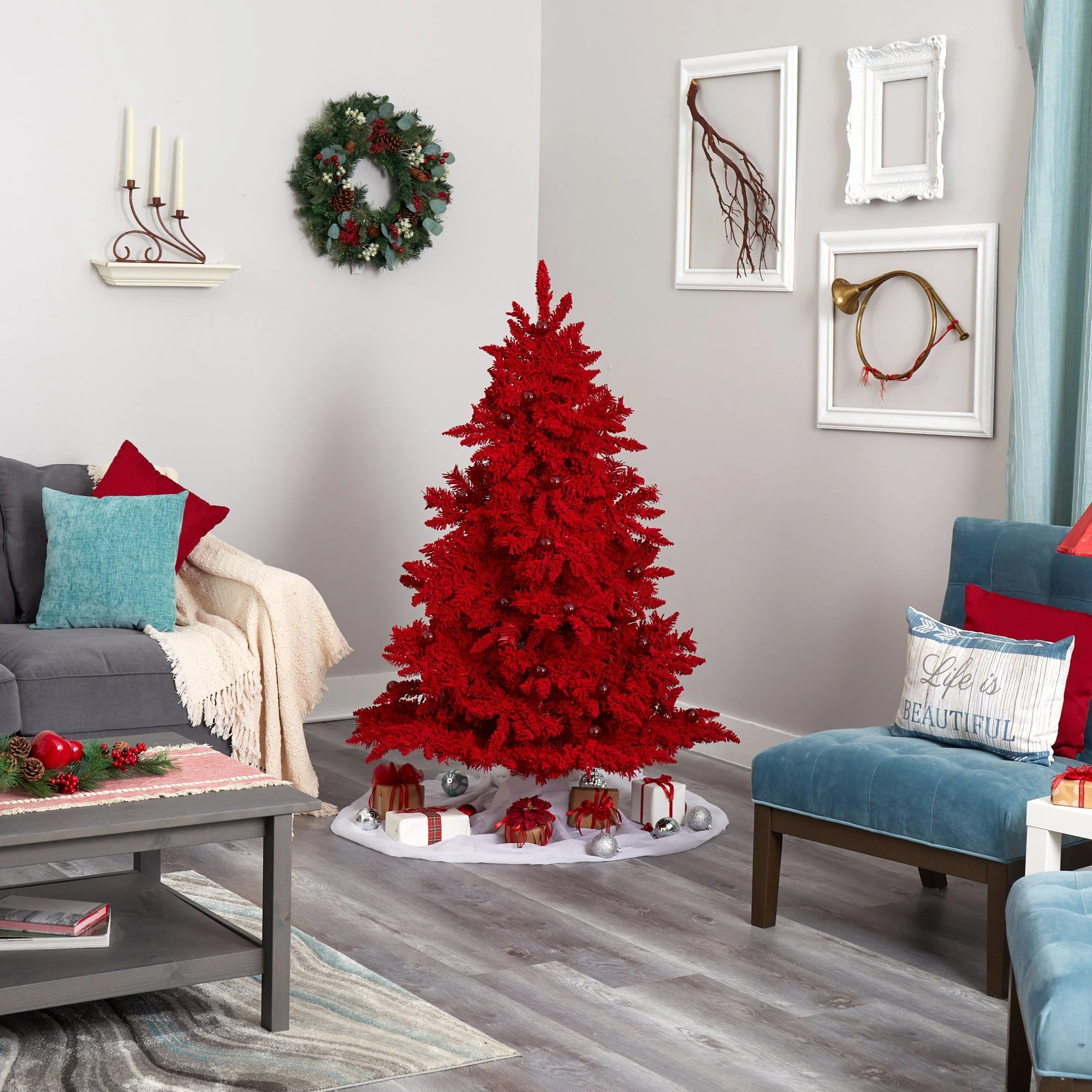 5' Red Flocked Fraser Fir Artificial Christmas Tree - Image 6