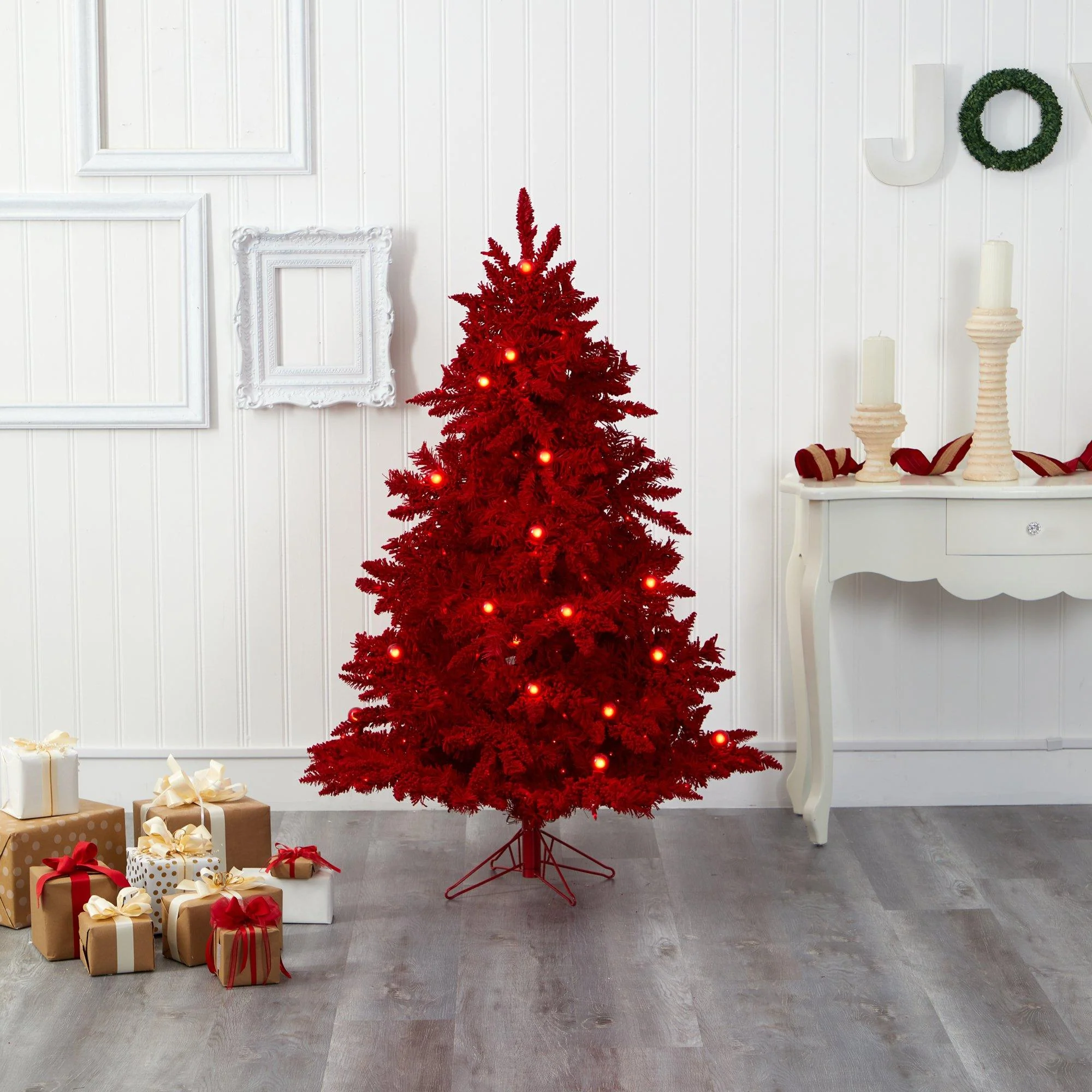 5' Red Flocked Fraser Fir Artificial Christmas Tree - Image 7
