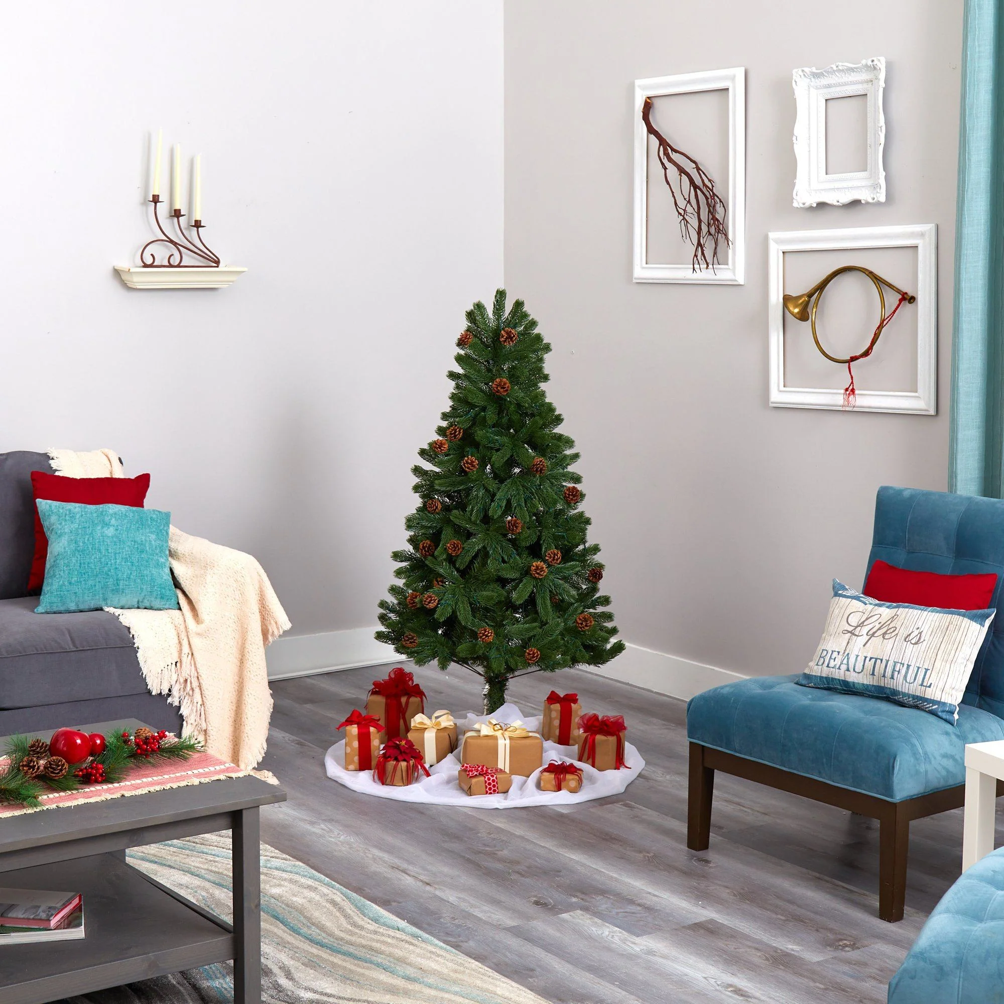 5' Rocky Mountain Spruce Artificial Christmas Tree with Pinecones and 100 Clear LED Lights - Image 5