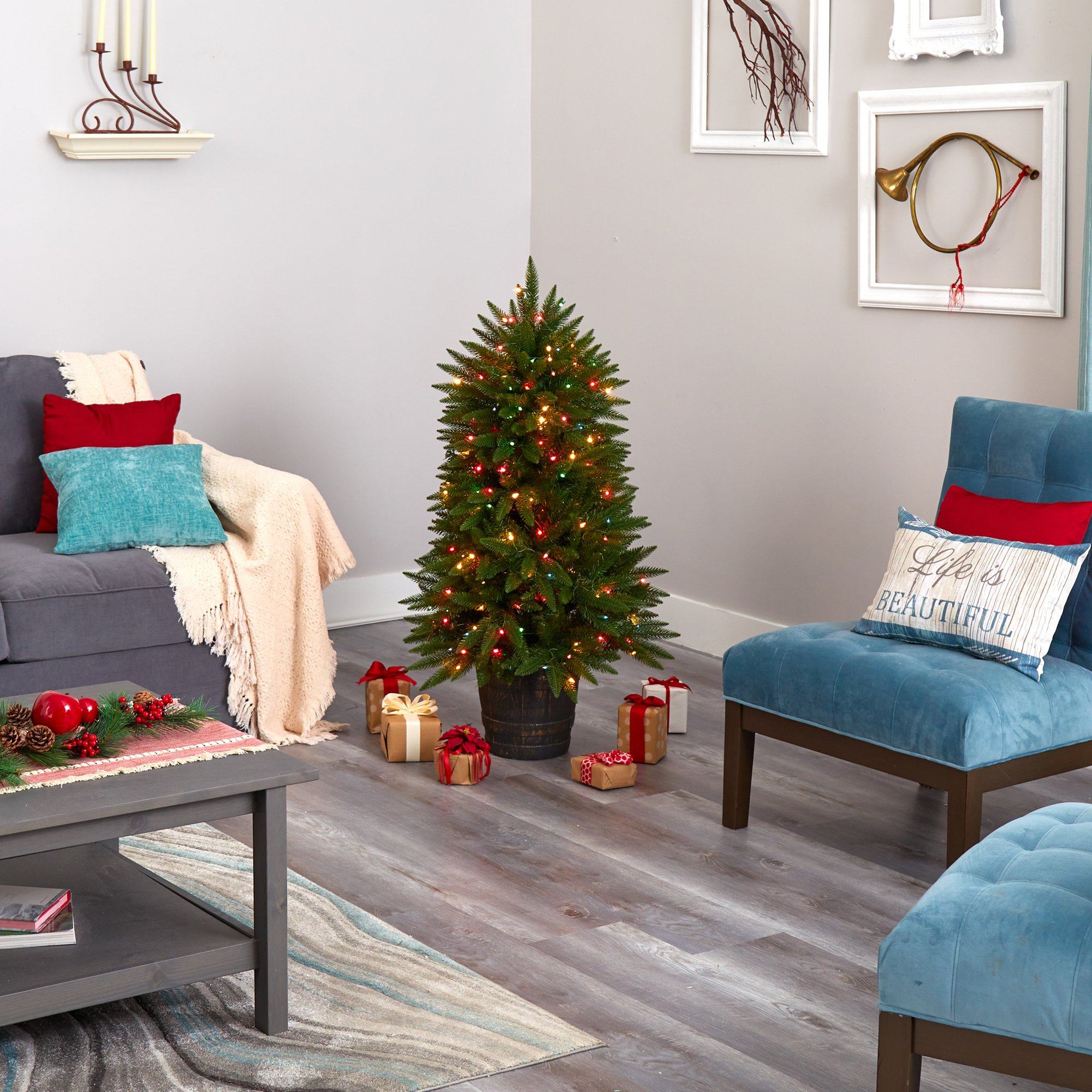 5' Sierra Fir Artificial Christmas Tree with 200 Multicolored Lights and 428 Bendable Branches in Decorative Container - Image 6