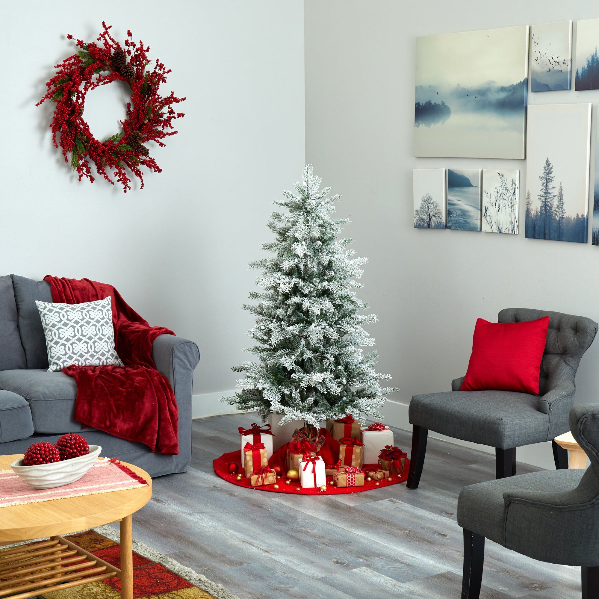5’ Slim Flocked Nova Scotia Spruce Artificial Christmas Tree with 150 Warm White LED Lights and 433 Bendable Branches - Image 7