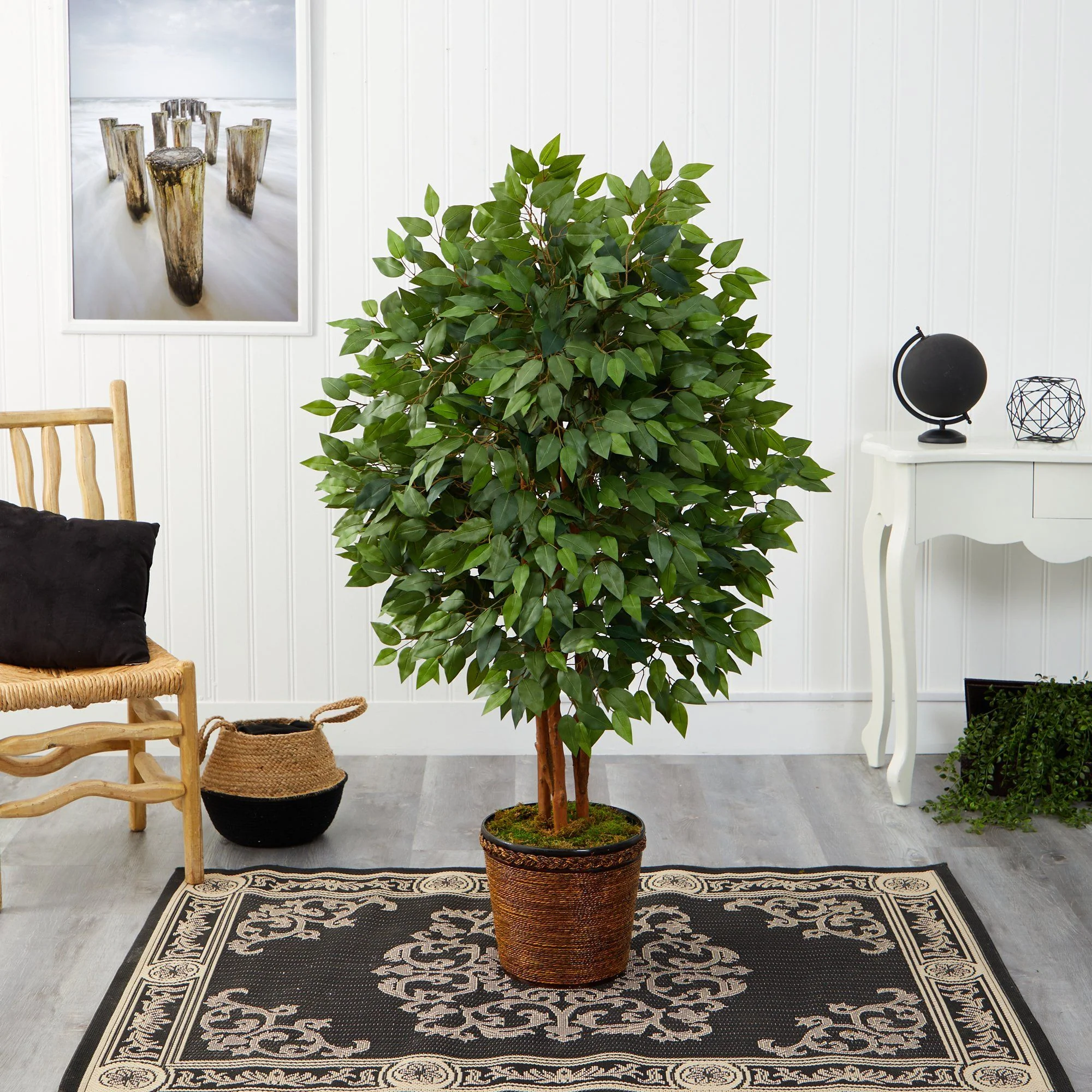 5’ Super Deluxe Artificial Ficus Tree in Wicker Planter - Image 3
