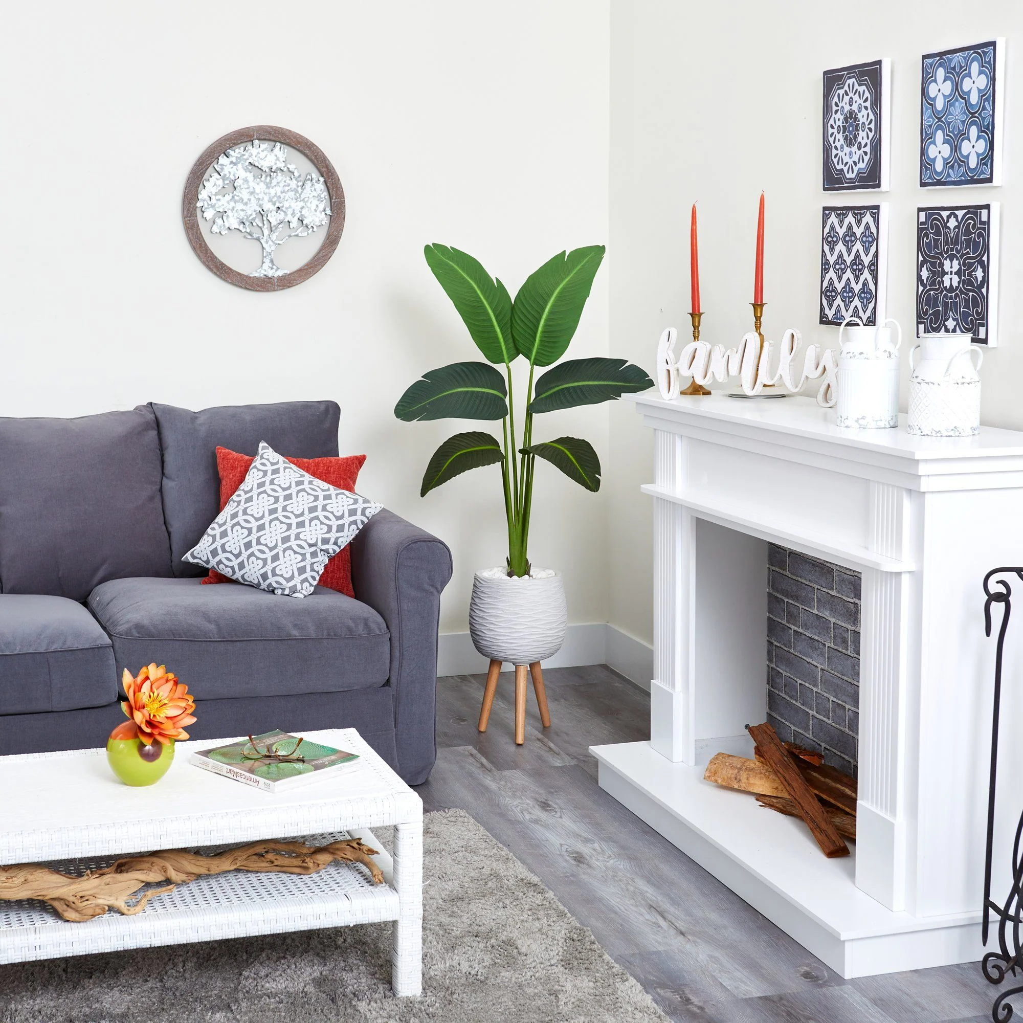 5’ Traveler’s Palm Artificial Plant in White Planter with Stand (Real Touch) - Image 3