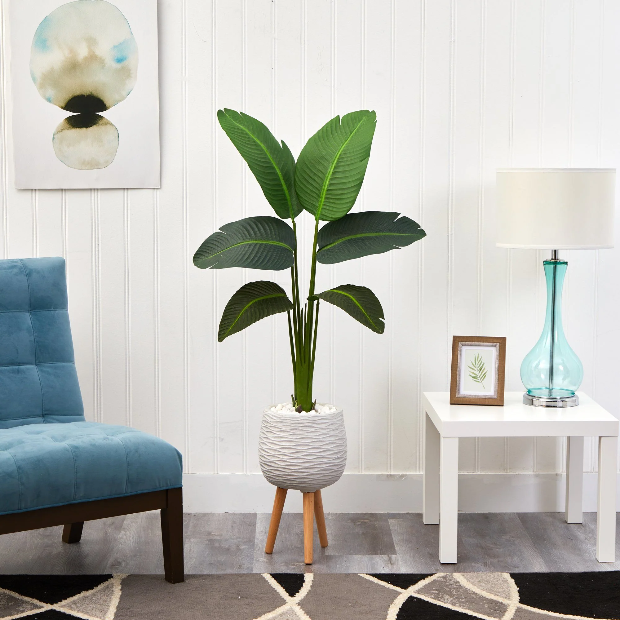 5’ Traveler’s Palm Artificial Plant in White Planter with Stand (Real Touch) - Image 4