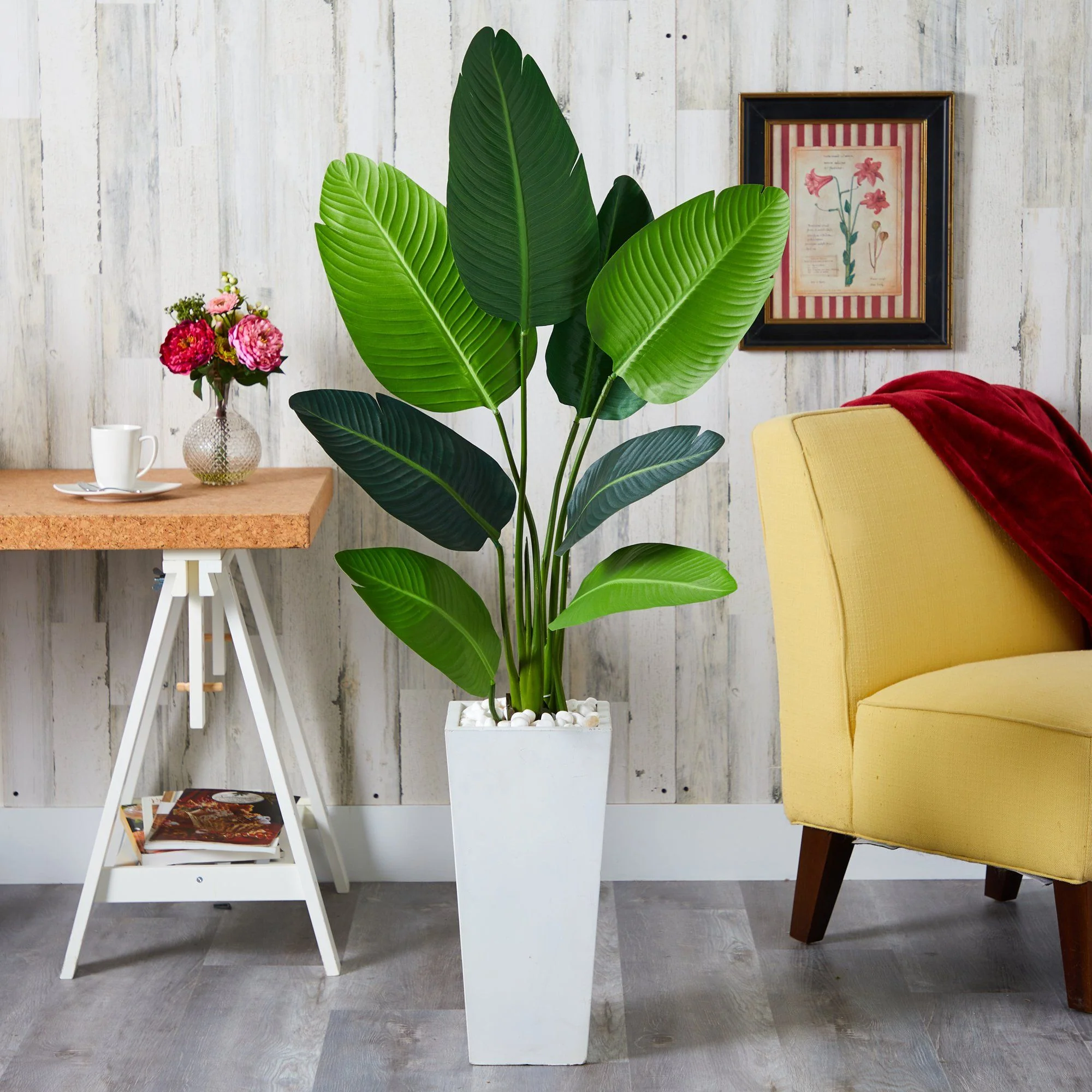 5’ Travelers Palm Artificial Tree in Tall White Planter - Image 4