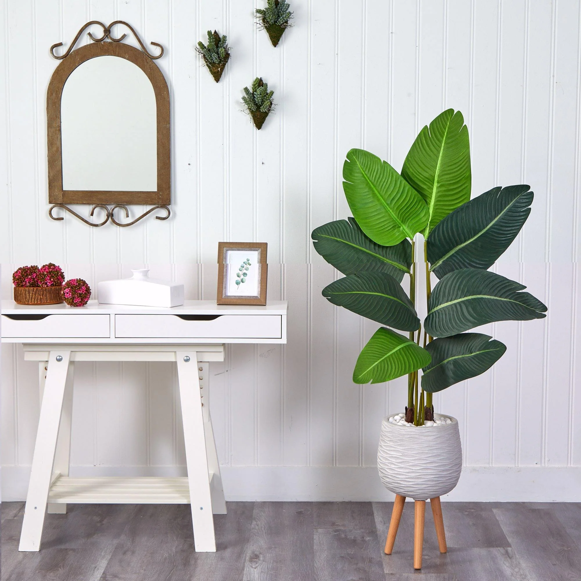 5’ Travelers Palm Artificial Tree in White Planter with Stand - Image 3
