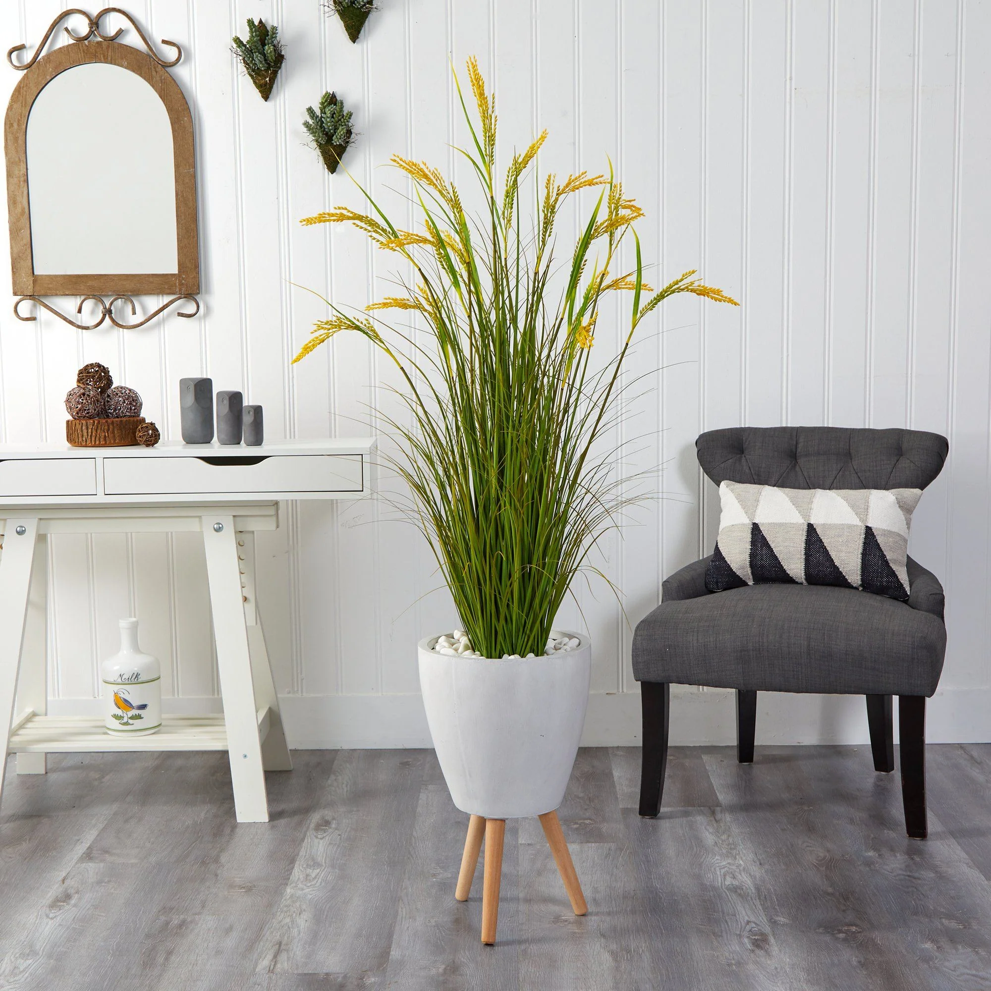 5” Wheat Grain Artificial Plant in White Planter with Legs - Image 3