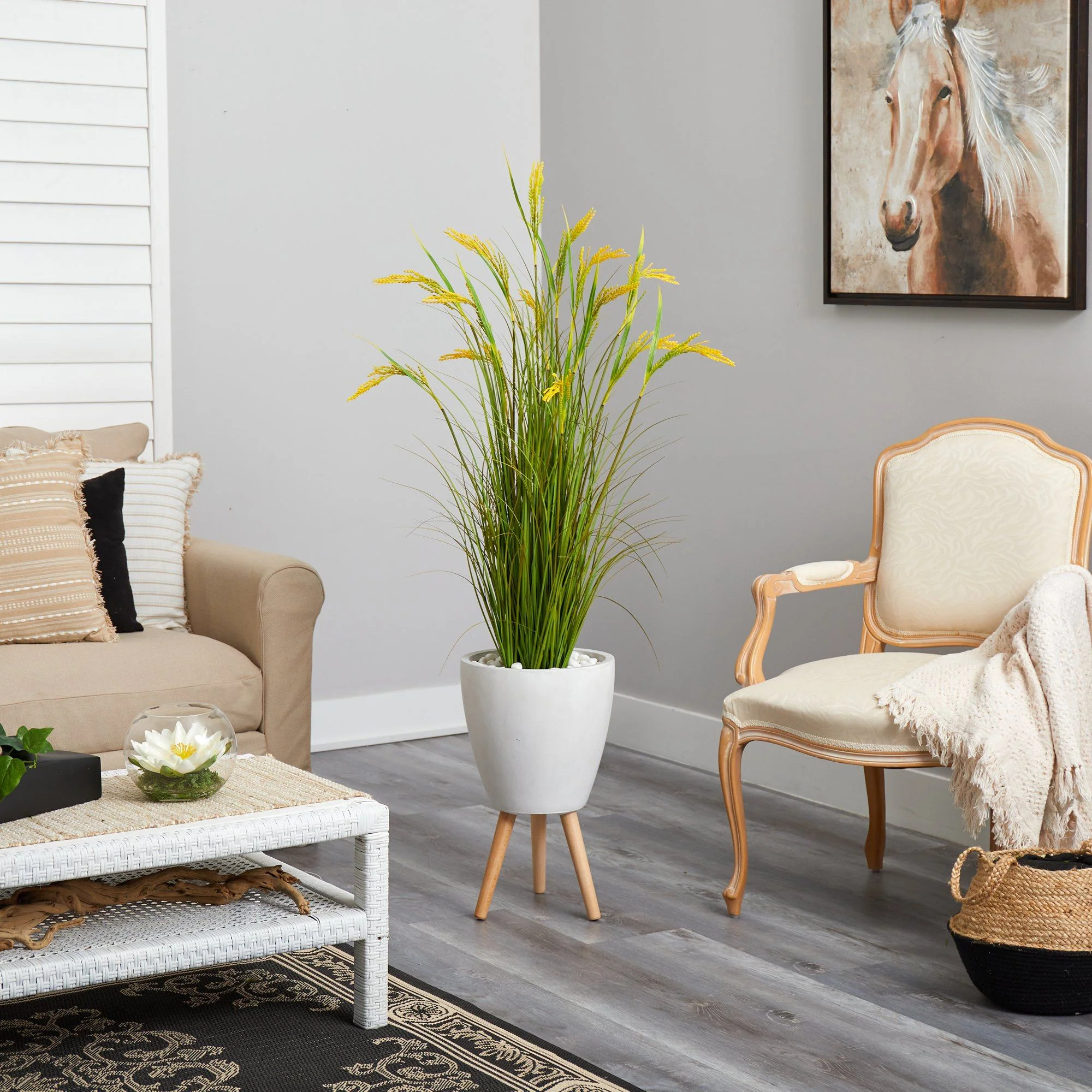 5” Wheat Grain Artificial Plant in White Planter with Legs - Image 4