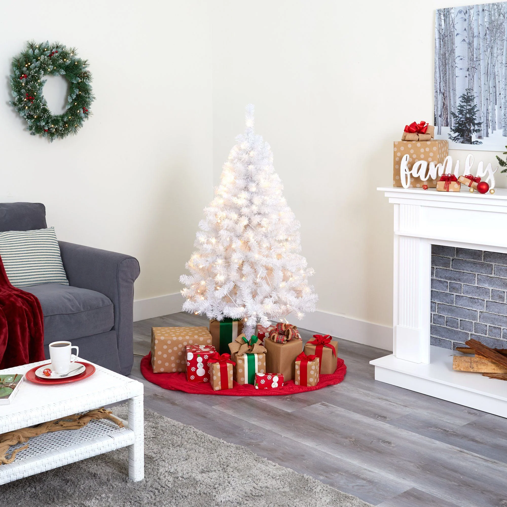 5' White Artificial Christmas Tree with 350 Bendable Branches and 150 Clear LED Lights - Image 5