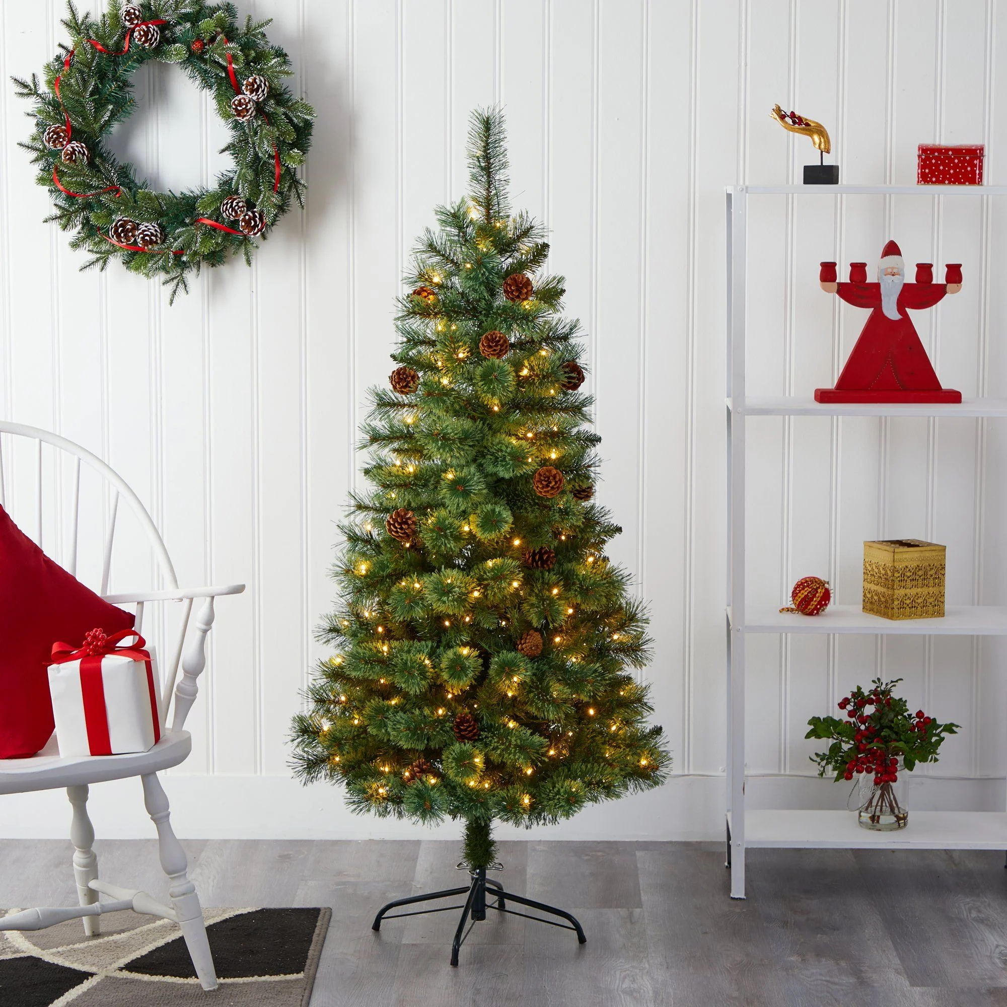 5’ White Mountain Pine Artificial Christmas Tree with 200 Clear LED Lights and Pine Cones - Image 5