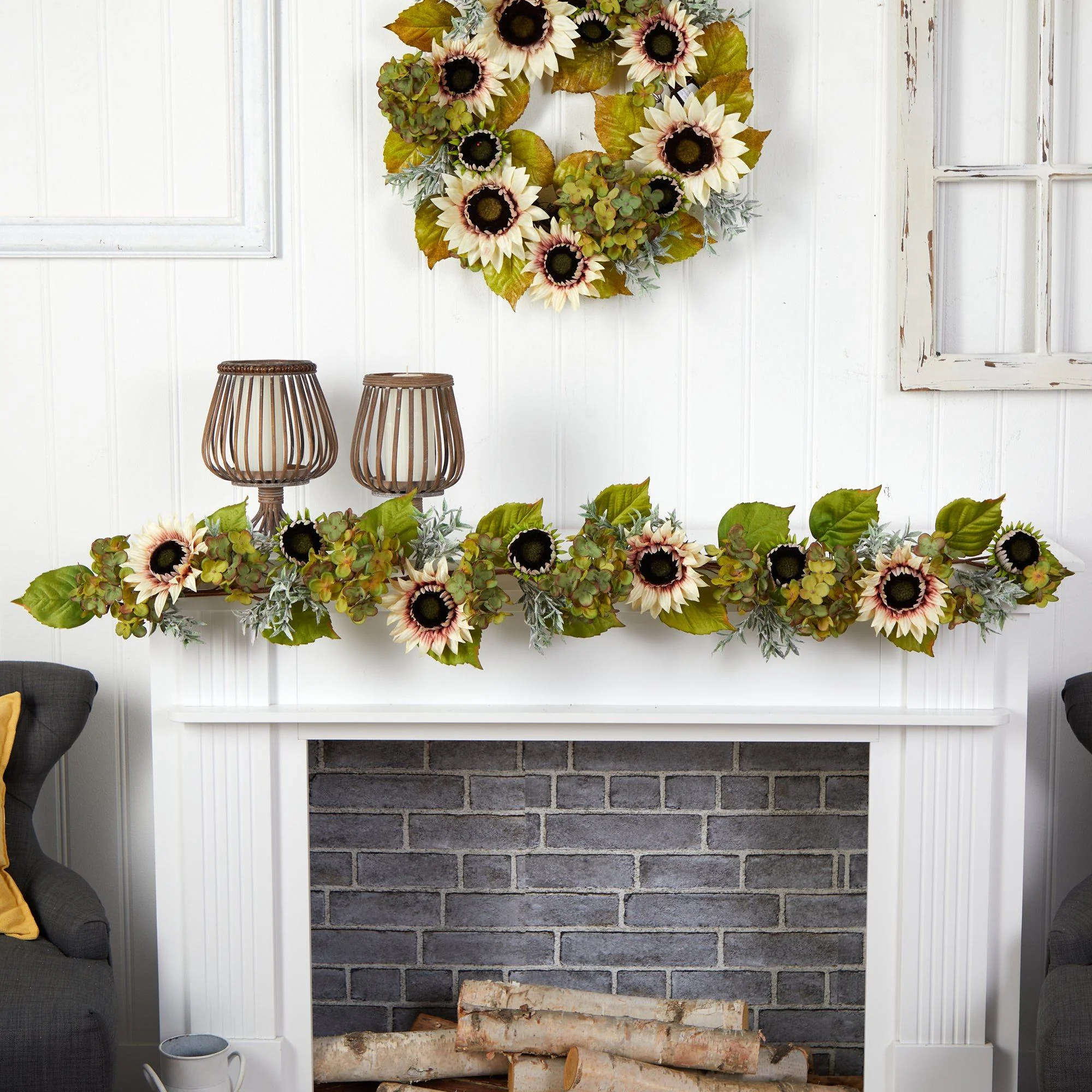 5’ White Sunflower and Hydrangea Artificial Garland - Image 3