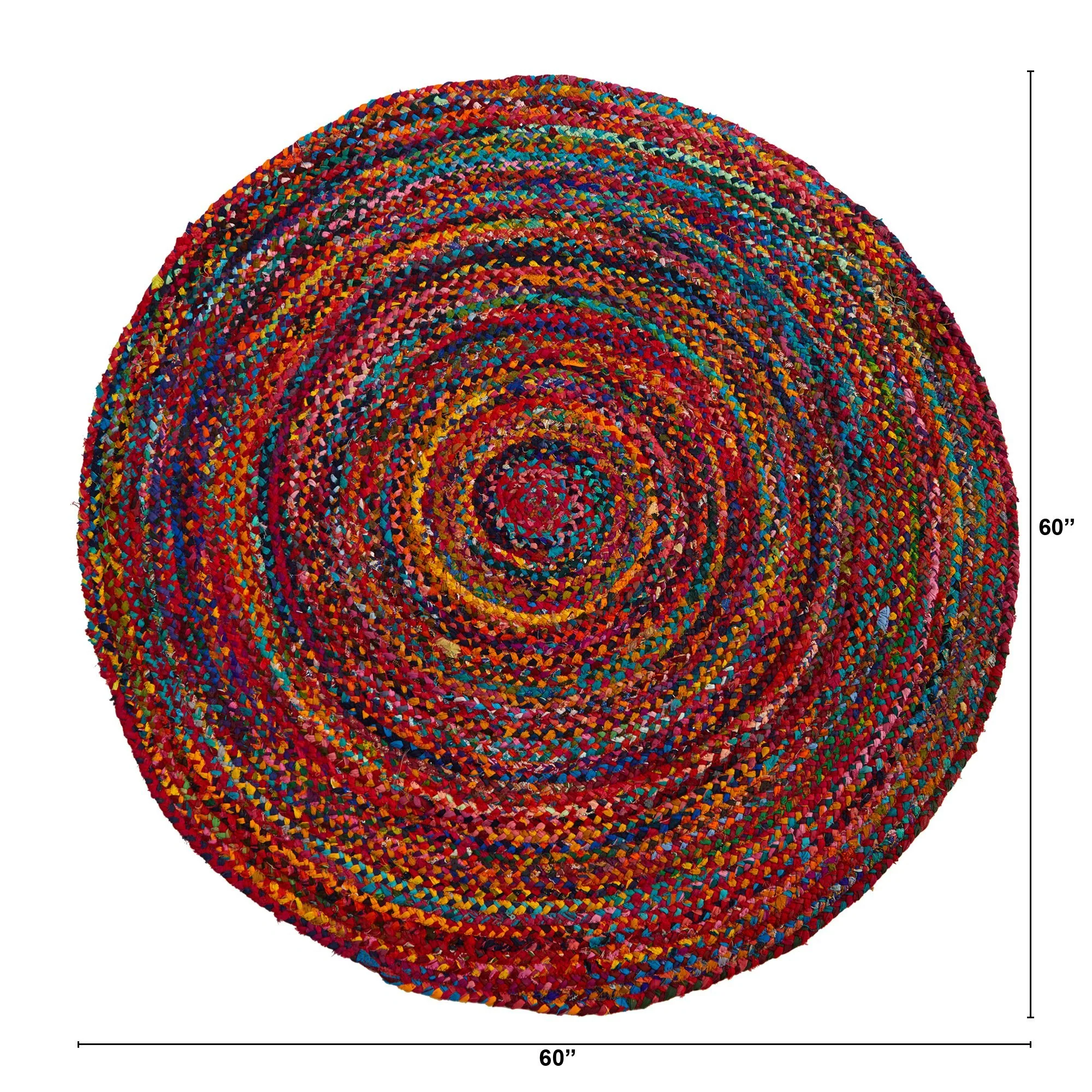 5’ x 5’ Hand Braided Boho Colorful Chindi Round Rug - Image 2
