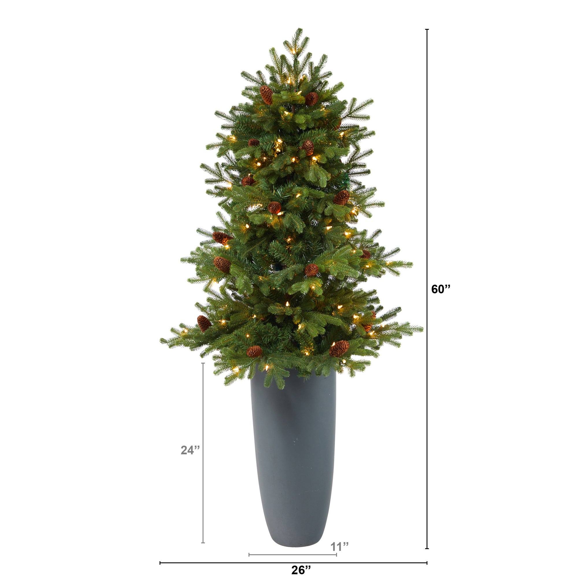 5’ Yukon Mountain Fir Artificial Christmas Tree with 100 Clear Lights, Pine Cones and 386 Bendable Branches in Gray Planter - Image 2