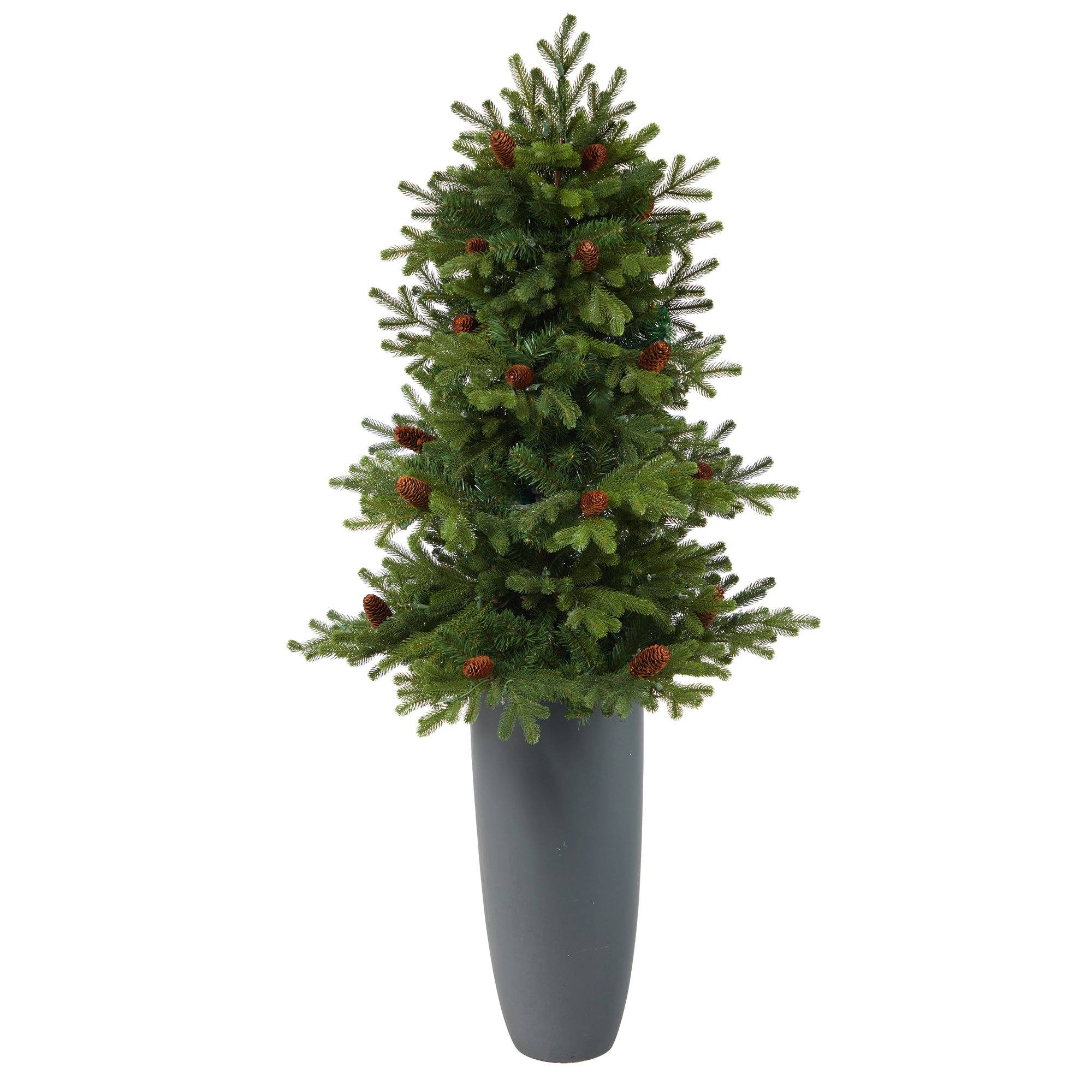 5’ Yukon Mountain Fir Artificial Christmas Tree with 100 Clear Lights, Pine Cones and 386 Bendable Branches in Gray Planter - Image 3
