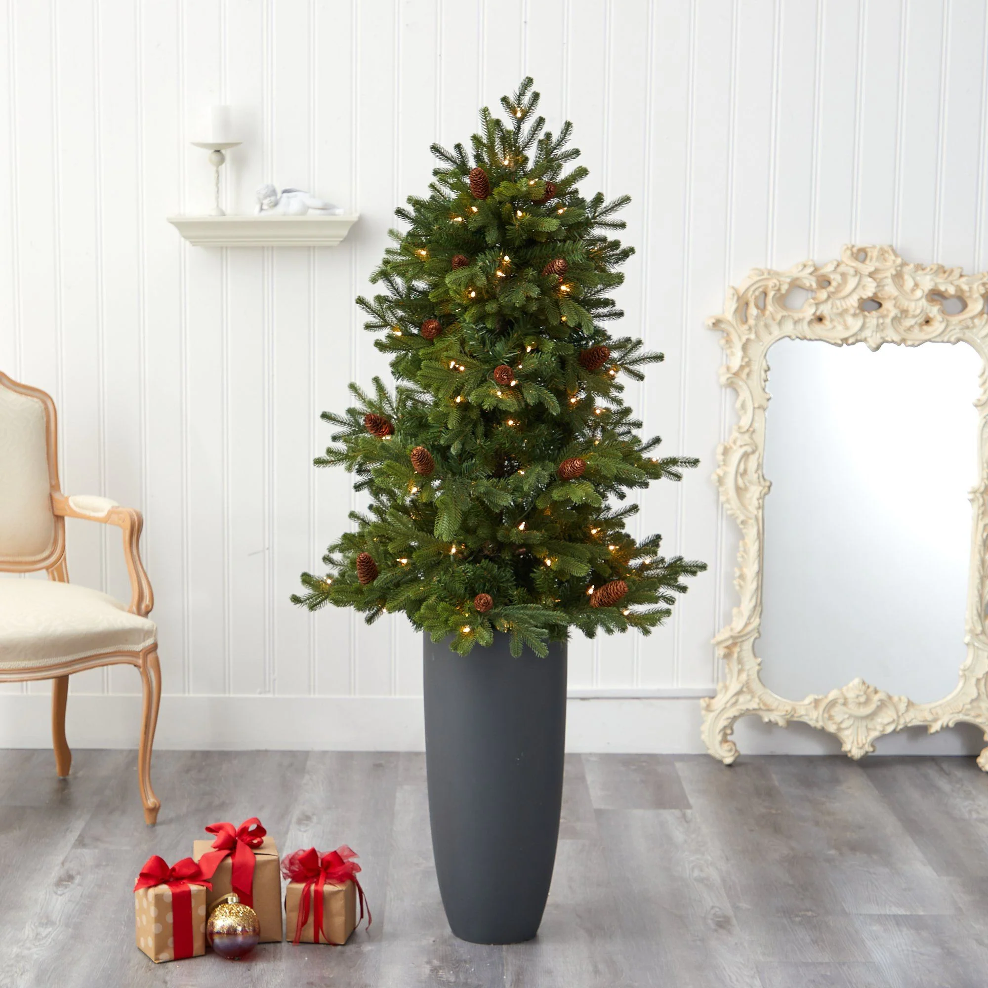 5’ Yukon Mountain Fir Artificial Christmas Tree with 100 Clear Lights, Pine Cones and 386 Bendable Branches in Gray Planter - Image 7