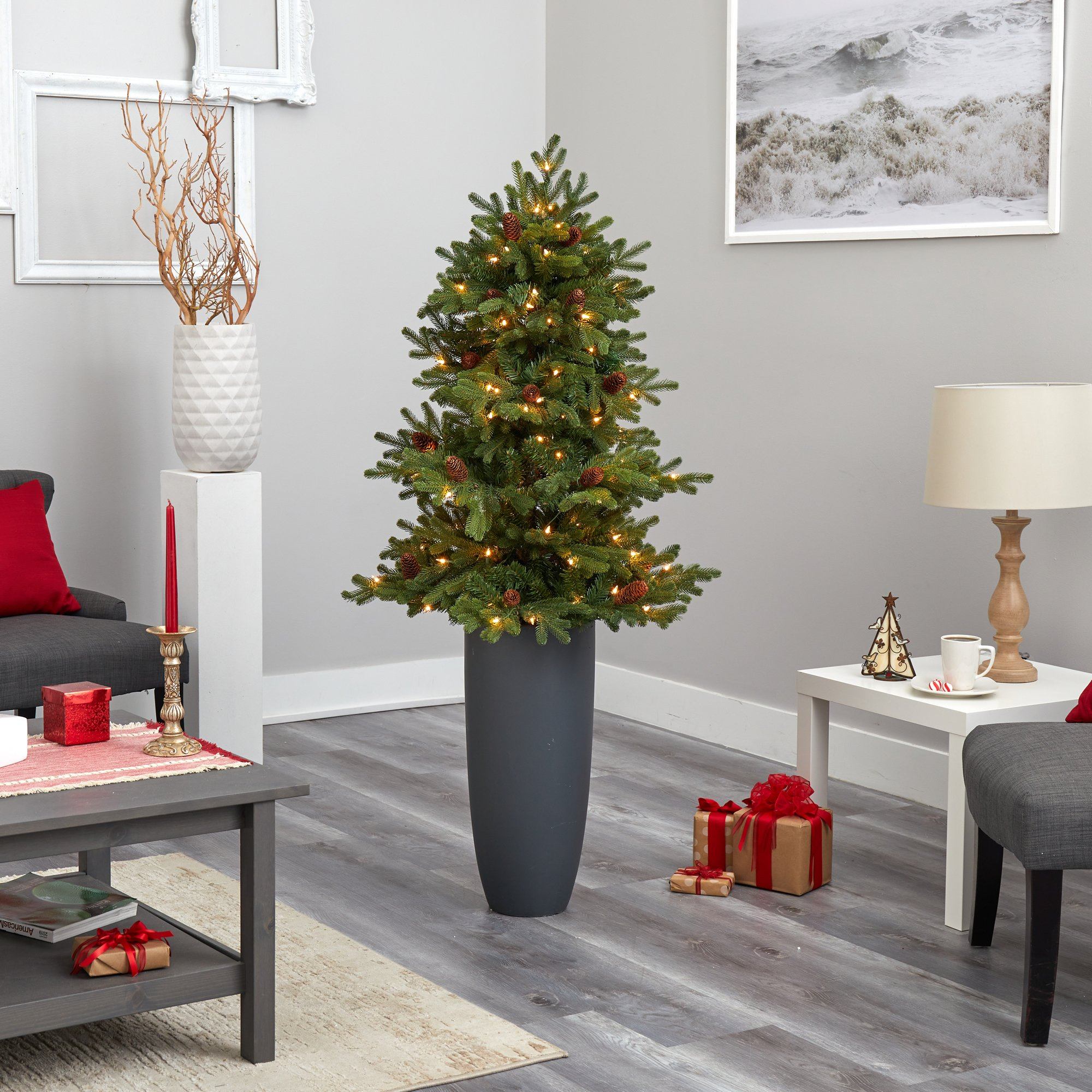 5’ Yukon Mountain Fir Artificial Christmas Tree with 100 Clear Lights, Pine Cones and 386 Bendable Branches in Gray Planter - Image 8