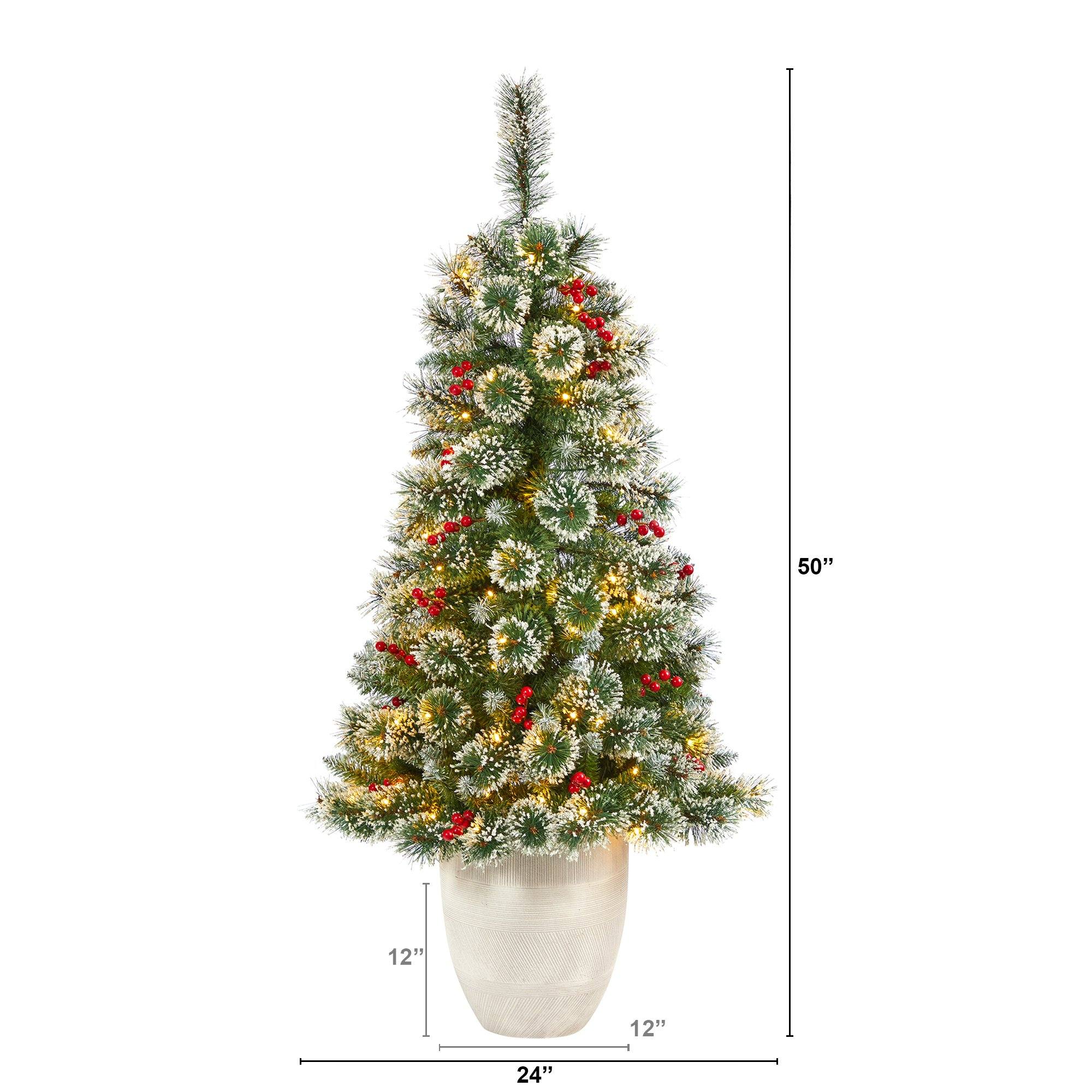 50” Frosted Swiss Pine Artificial Christmas Tree with 100 Clear LED Lights and Berries in White Planter - Image 2