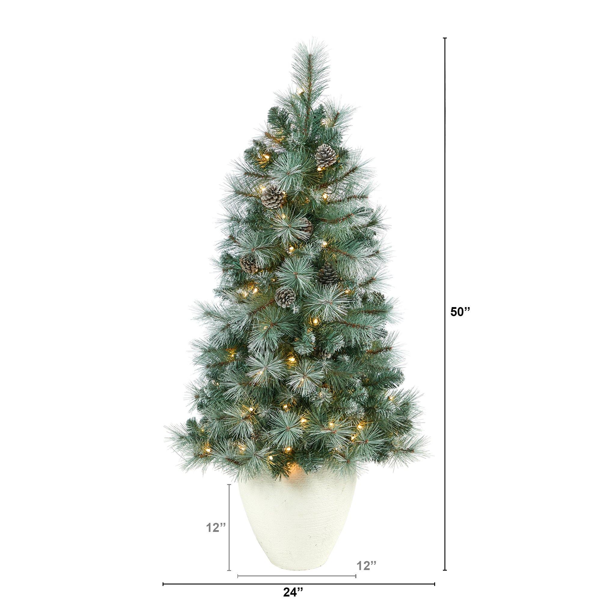 50” Frosted Tip British Columbia Mountain Pine Artificial Christmas Tree with 100 Clear Lights, Pine Cones and 228 Bendable Branches in White Planter - Image 2