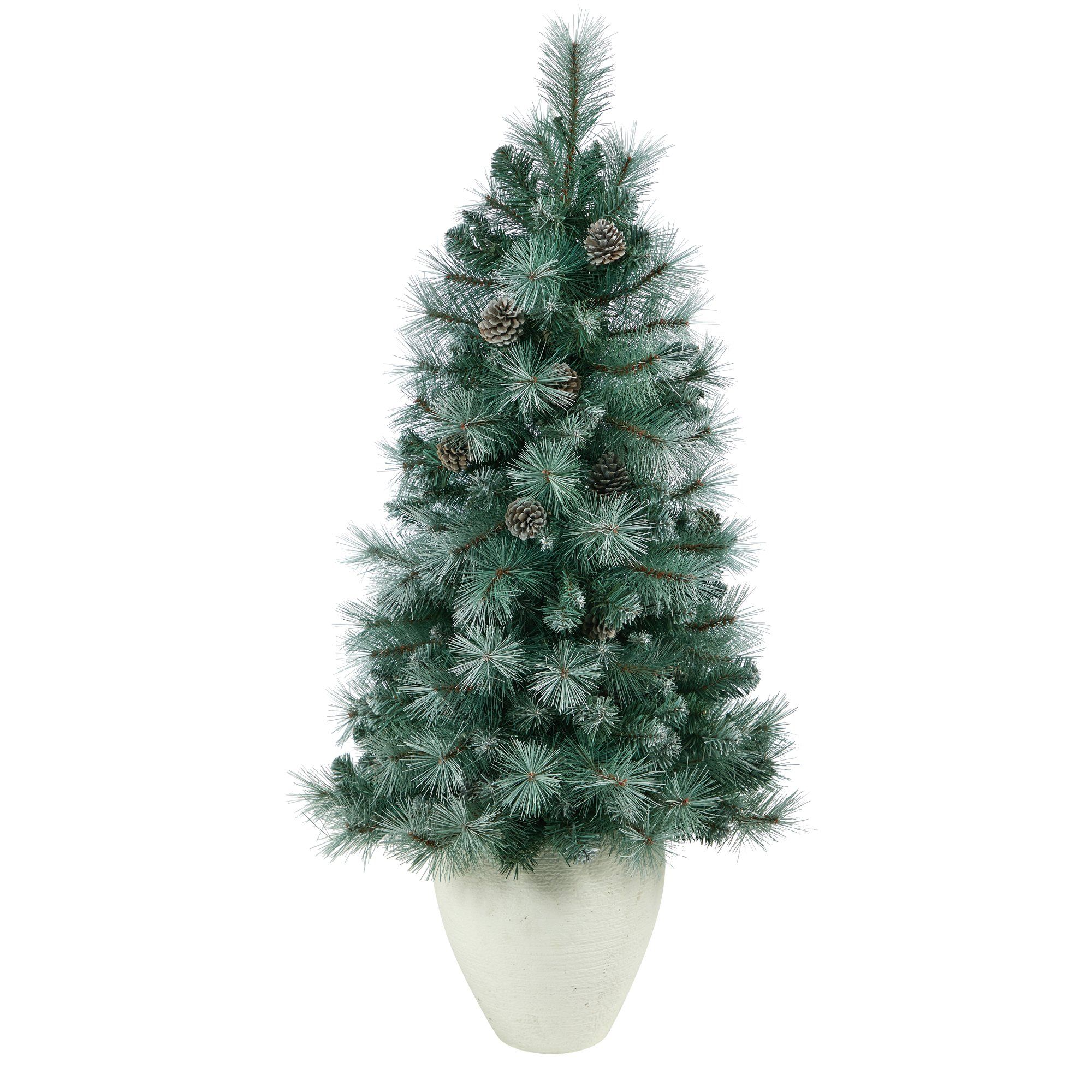 50” Frosted Tip British Columbia Mountain Pine Artificial Christmas Tree with 100 Clear Lights, Pine Cones and 228 Bendable Branches in White Planter - Image 3