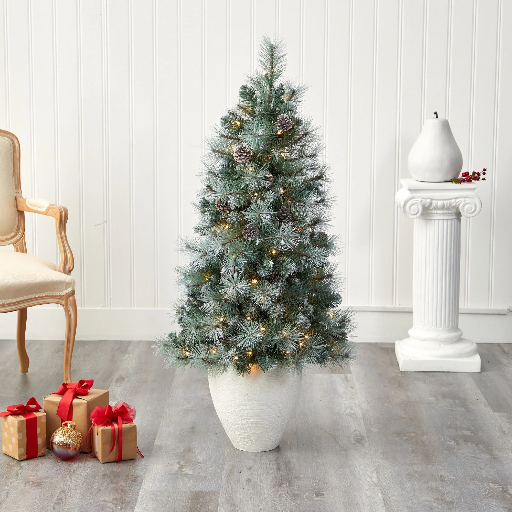 50” Frosted Tip British Columbia Mountain Pine Artificial Christmas Tree with 100 Clear Lights, Pine Cones and 228 Bendable Branches in White Planter - Image 7