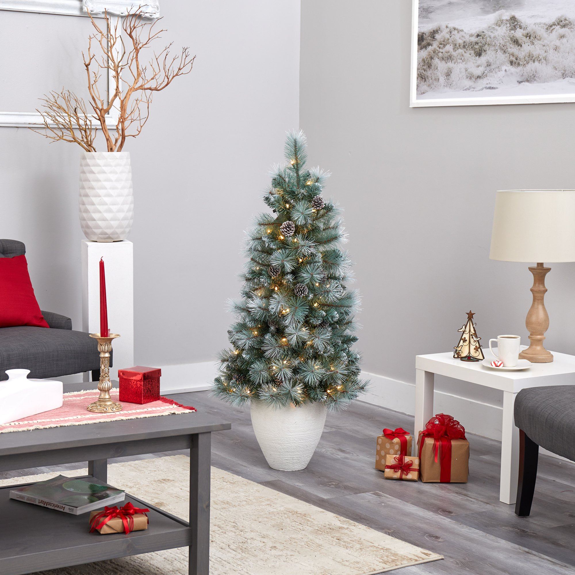 50” Frosted Tip British Columbia Mountain Pine Artificial Christmas Tree with 100 Clear Lights, Pine Cones and 228 Bendable Branches in White Planter - Image 8