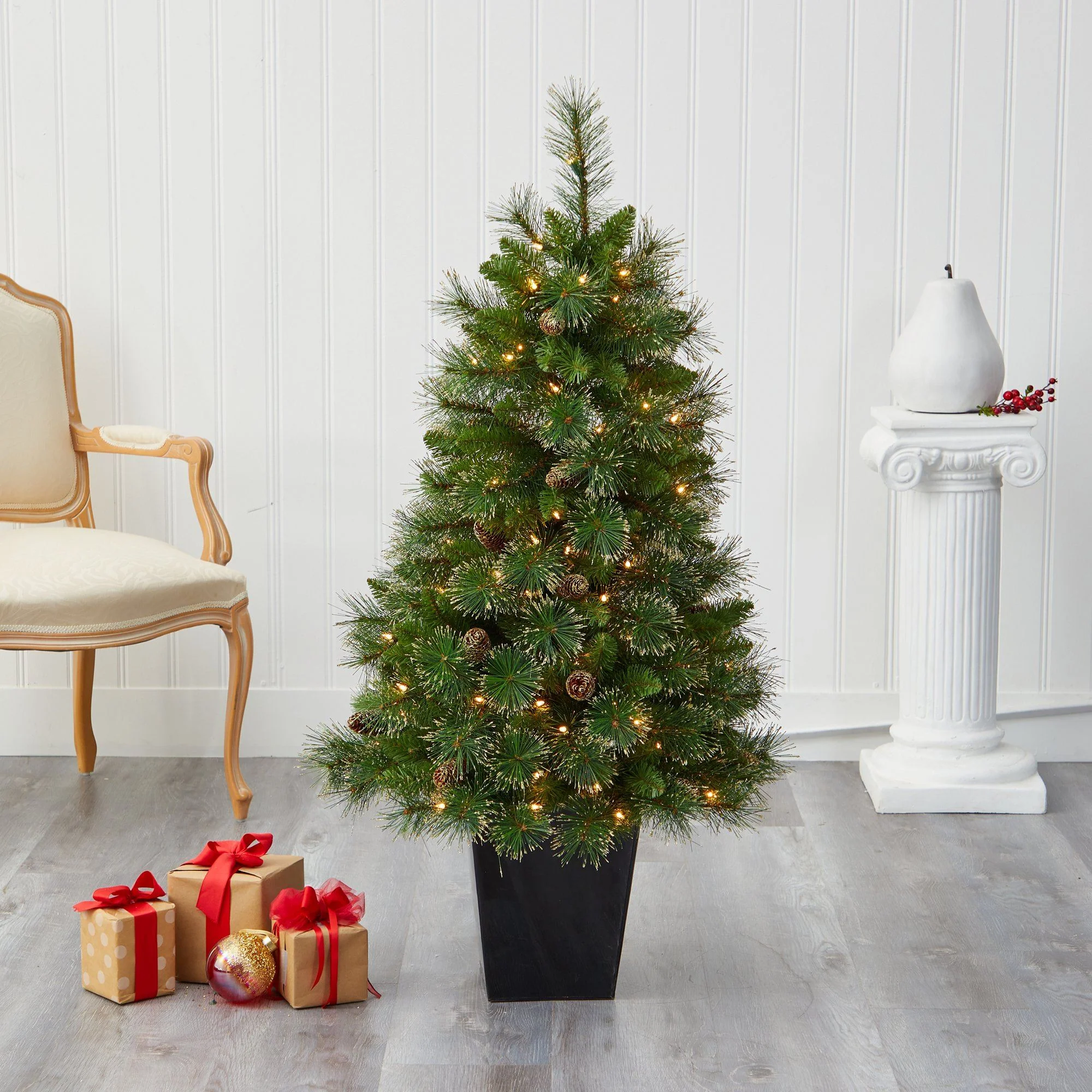 50” Golden Tip Washington Pine Artificial Christmas Tree with 100 Clear Lights, Pine Cones and 336 Bendable Branches in Black Metal Planter - Image 7
