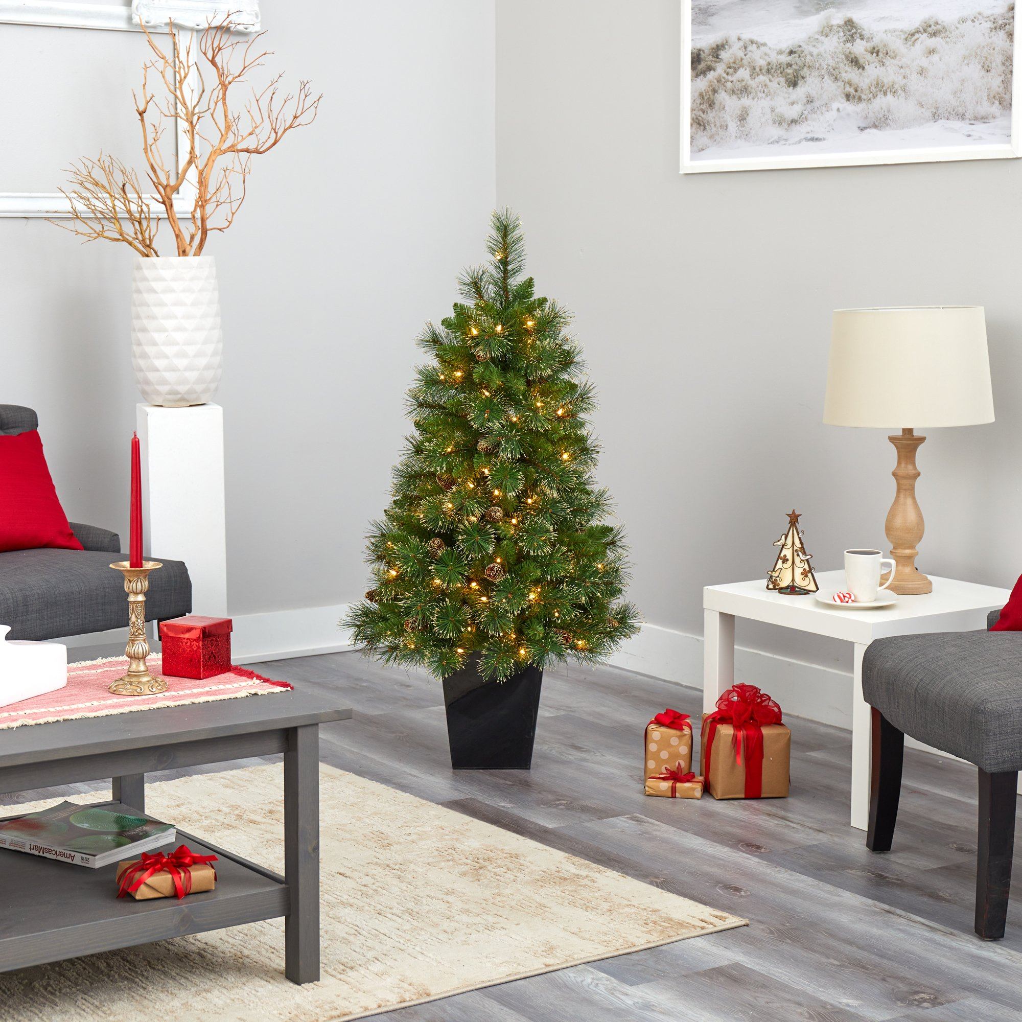 50” Golden Tip Washington Pine Artificial Christmas Tree with 100 Clear Lights, Pine Cones and 336 Bendable Branches in Black Metal Planter - Image 8