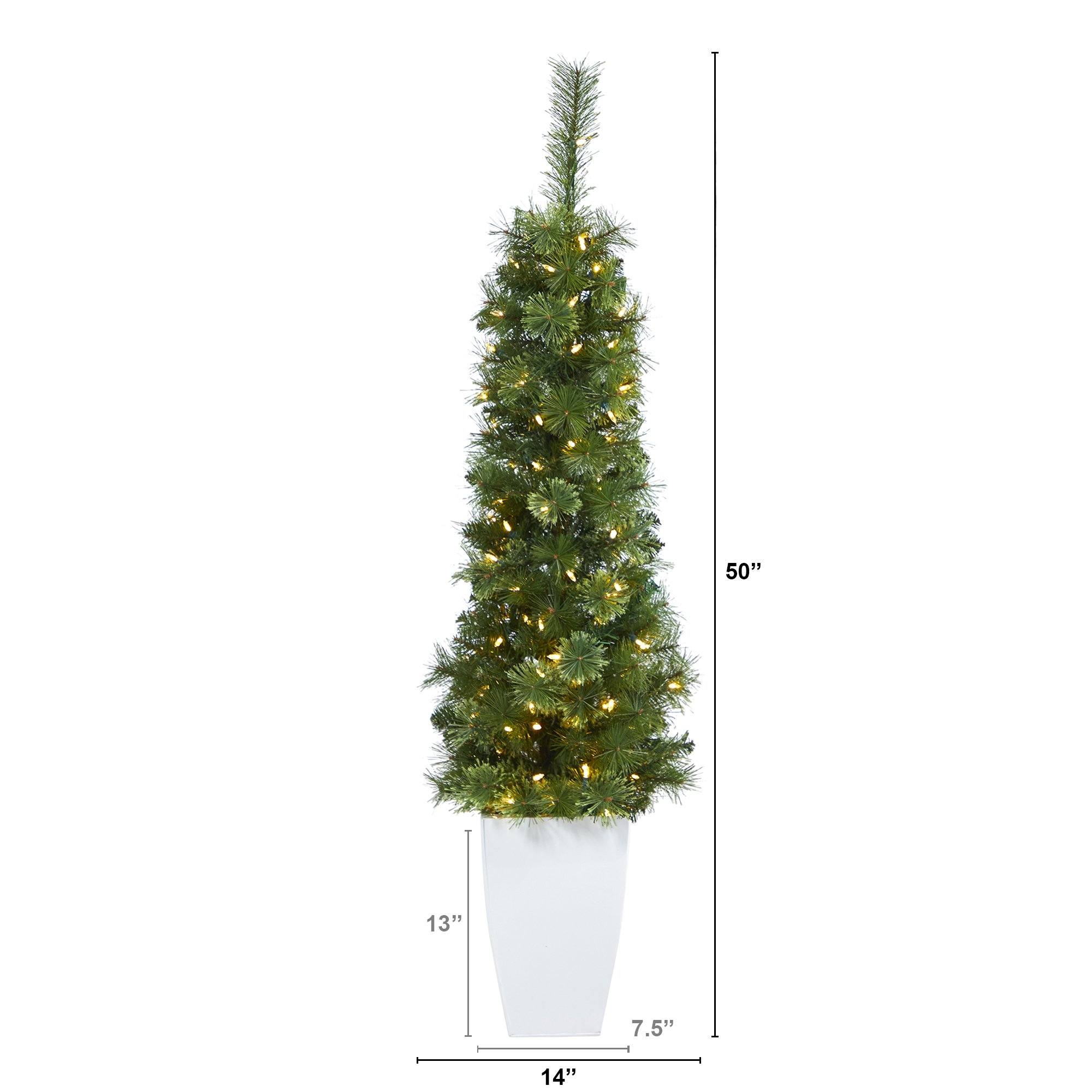 50” Green Pencil Artificial Christmas Tree with 100 Clear (Multifunction) LED Lights and 140 Bendable Branches in White Metal Planter - Image 2