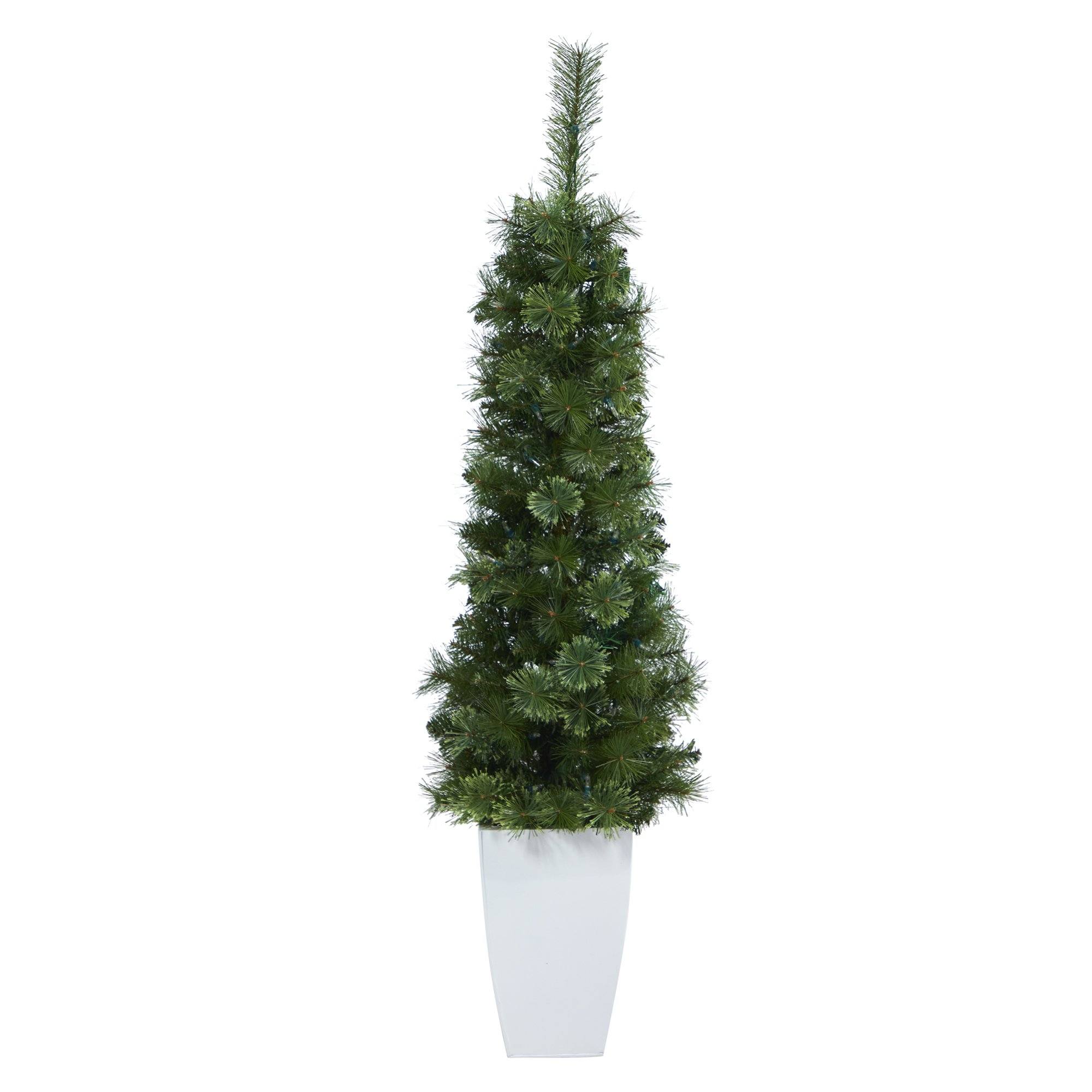 50” Green Pencil Artificial Christmas Tree with 100 Clear (Multifunction) LED Lights and 140 Bendable Branches in White Metal Planter - Image 3