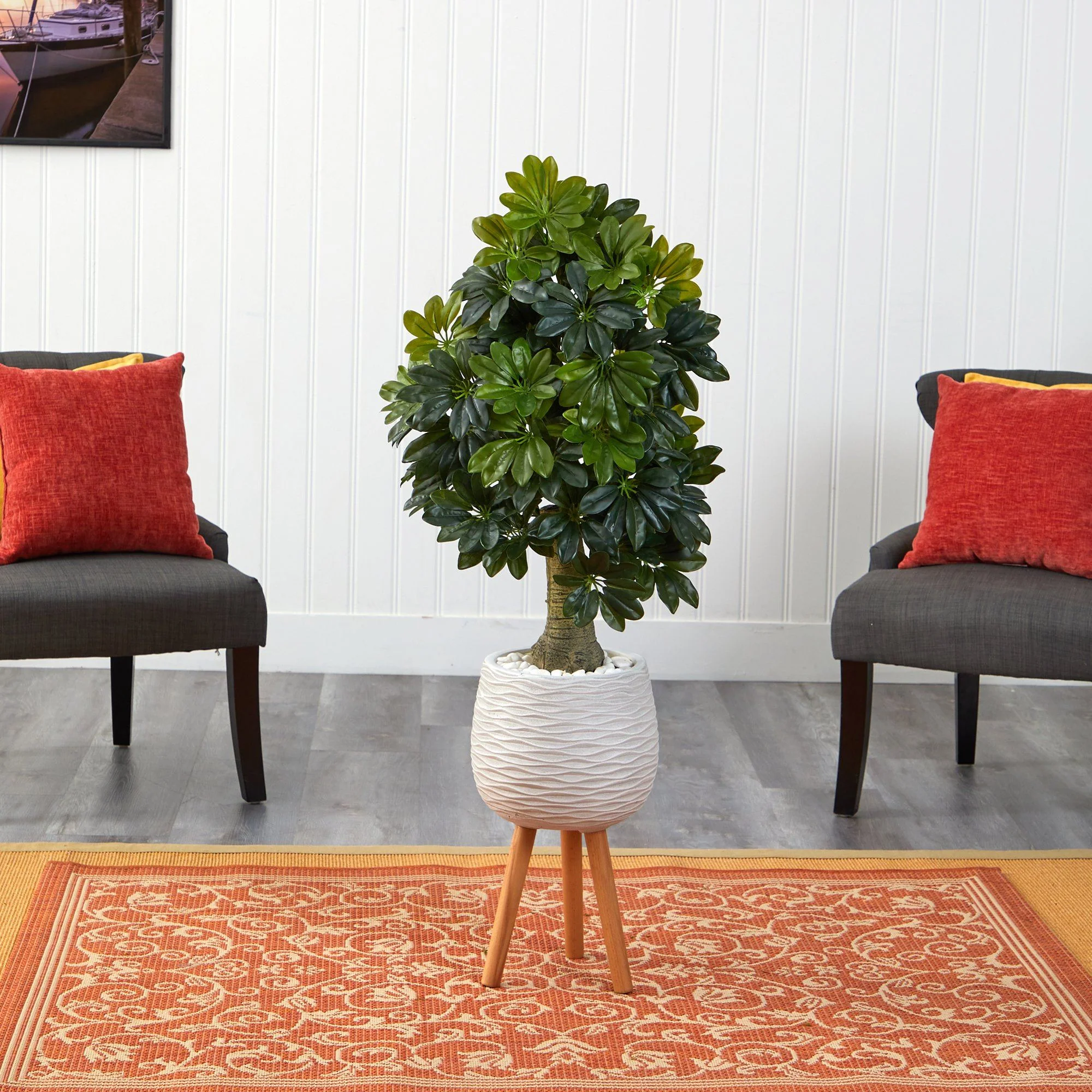 50” Schefflera Artificial Tree in White Planter with Stand (Real Touch) - Image 3