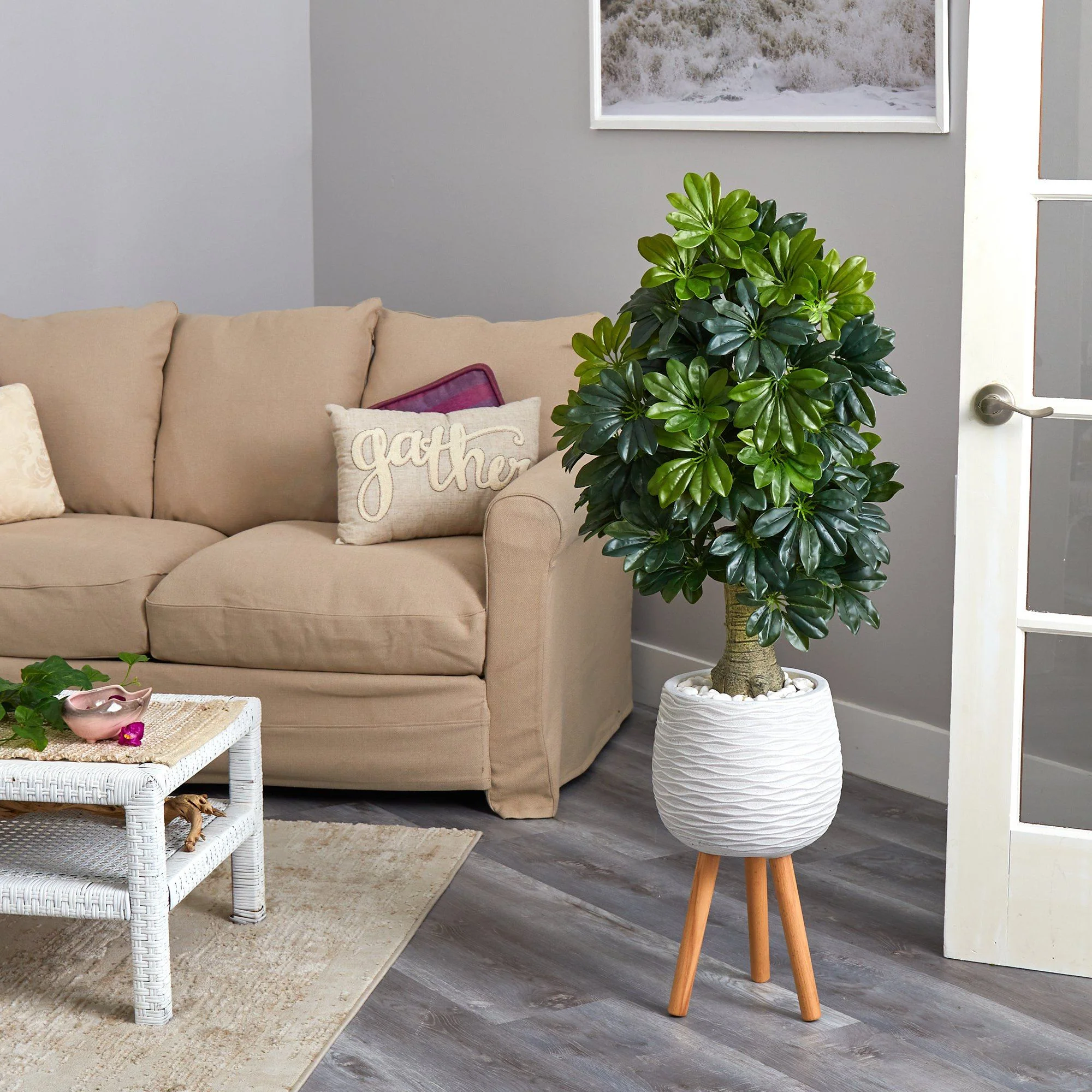 50” Schefflera Artificial Tree in White Planter with Stand (Real Touch) - Image 4