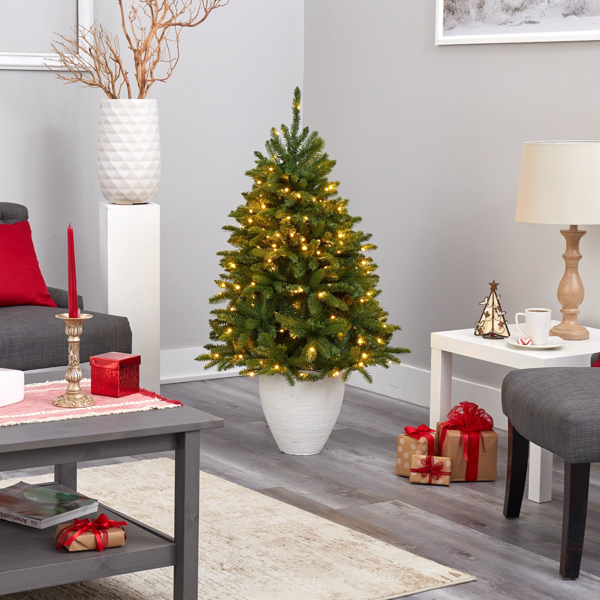 50” Sierra Spruce “Natural Look” Artificial Christmas Tree with 150 Clear LED Lights in White Planter - Image 8