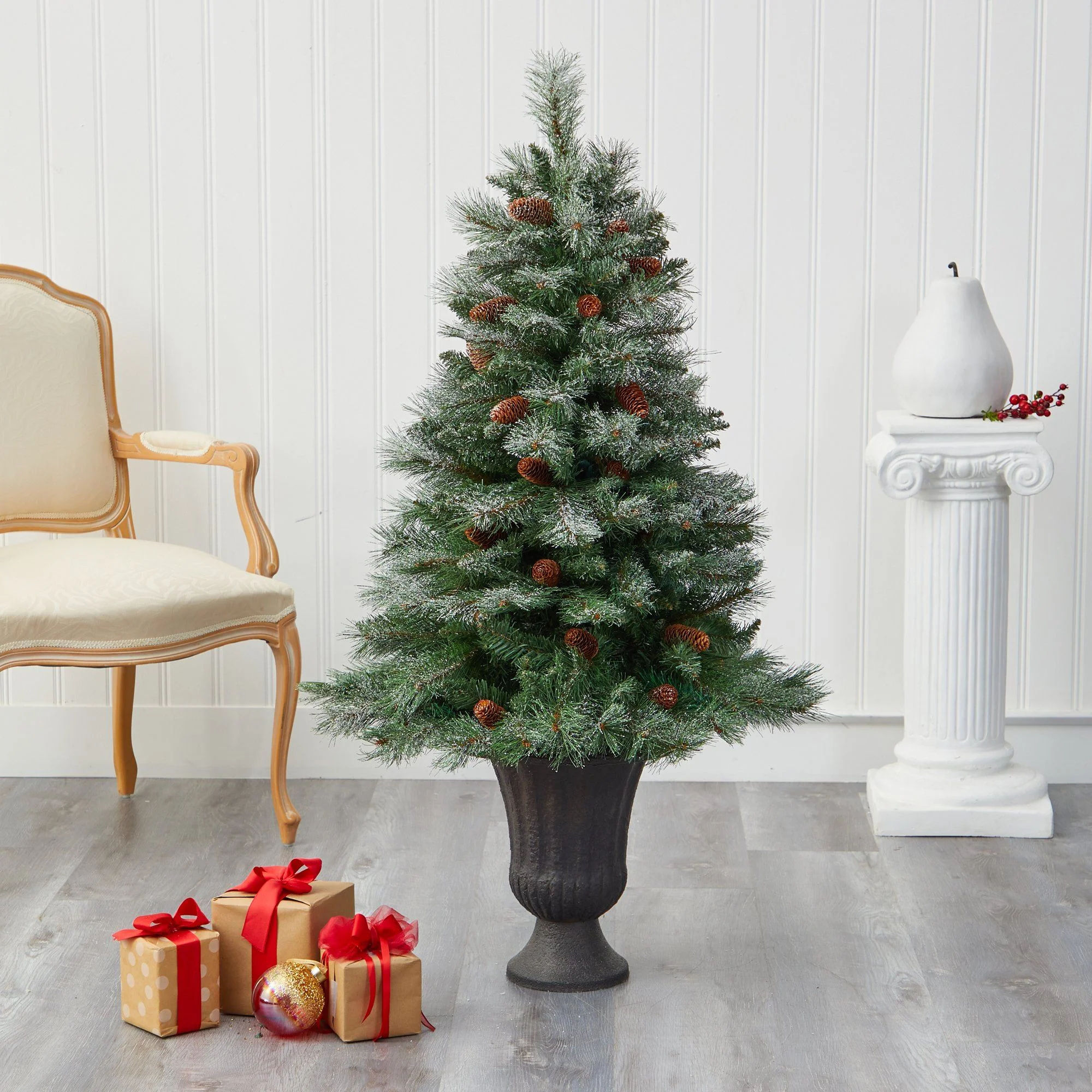 50” Snowed French Alps Mountain Pine Artificial Christmas Tree with 237 Bendable Branches and Pine Cones in Charcoal Planter - Image 5