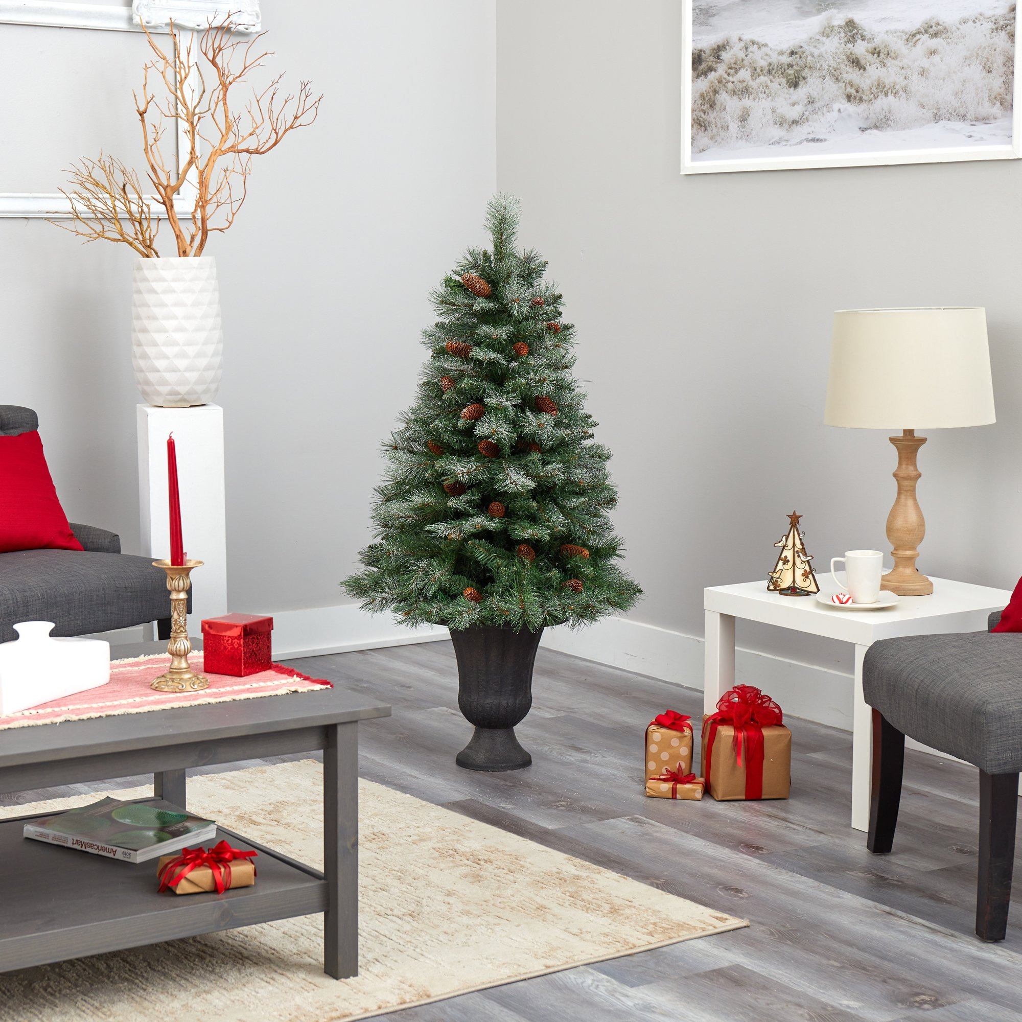 50” Snowed French Alps Mountain Pine Artificial Christmas Tree with 237 Bendable Branches and Pine Cones in Charcoal Planter - Image 6