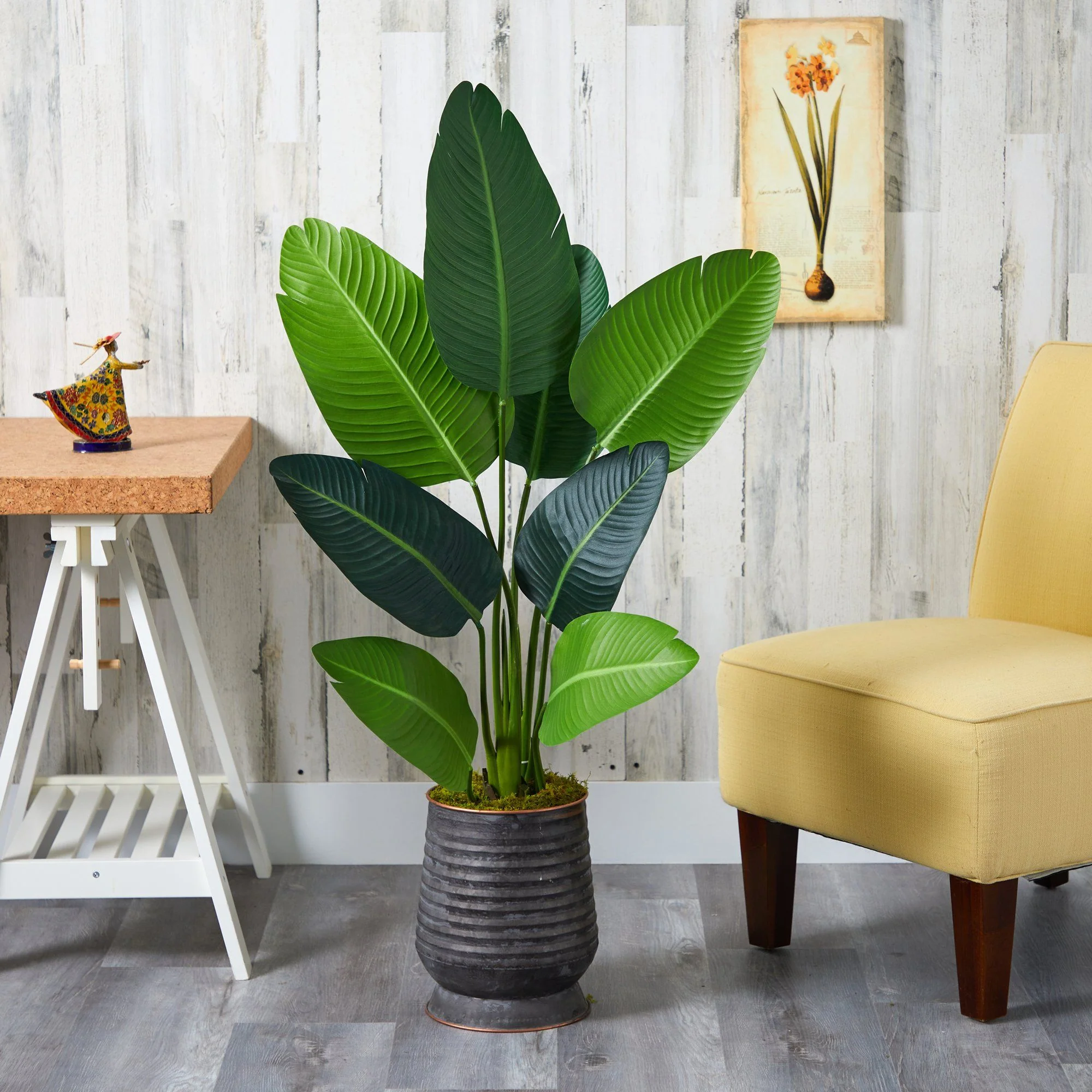 50” Travelers Palm Artificial Tree in Ribbed Metal Planter - Image 3