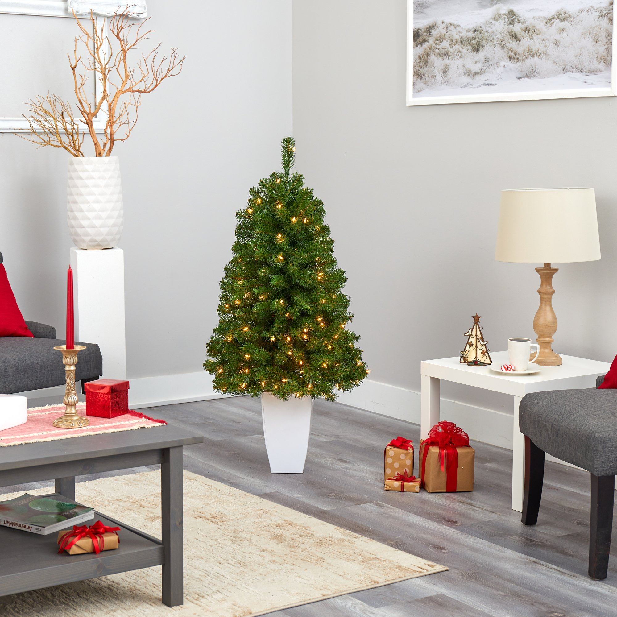 50” Virginia Fir Artificial Christmas Tree with 100 Clear Lights and 223 Bendable Branches in White Metal Planter - Image 8