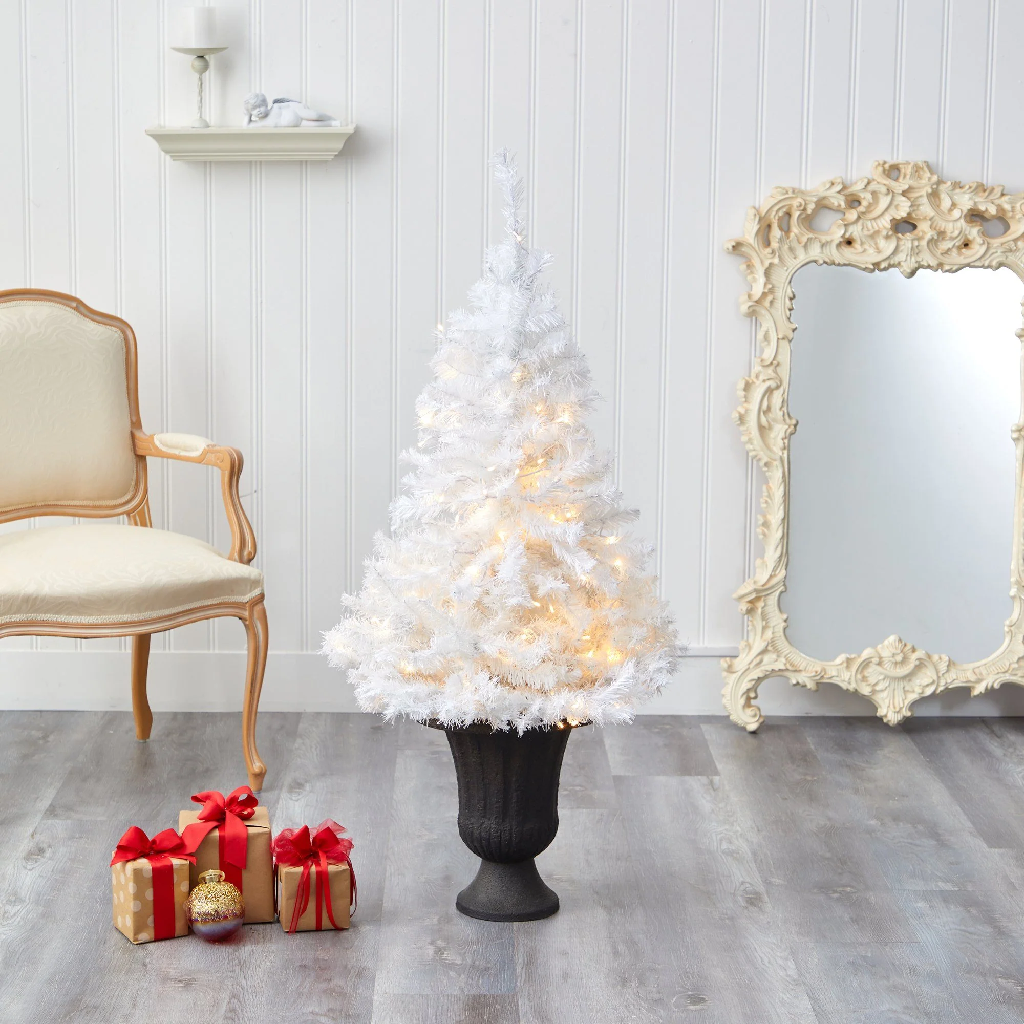 50” White Artificial Christmas Tree with 100 Clear LED Lights in Charcoal Planter - Image 7
