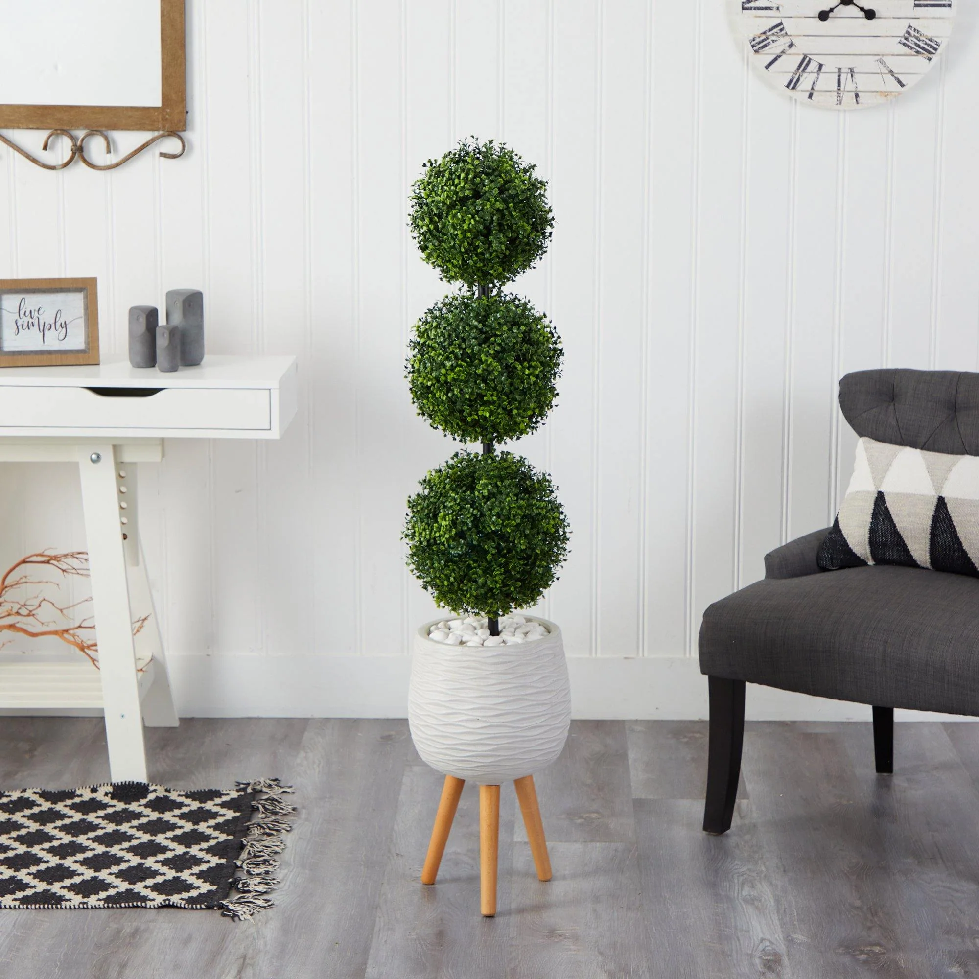 51” Boxwood Triple Ball Topiary Artificial Tree in White Planter with Stand (Indoor/Outdoor - Image 3