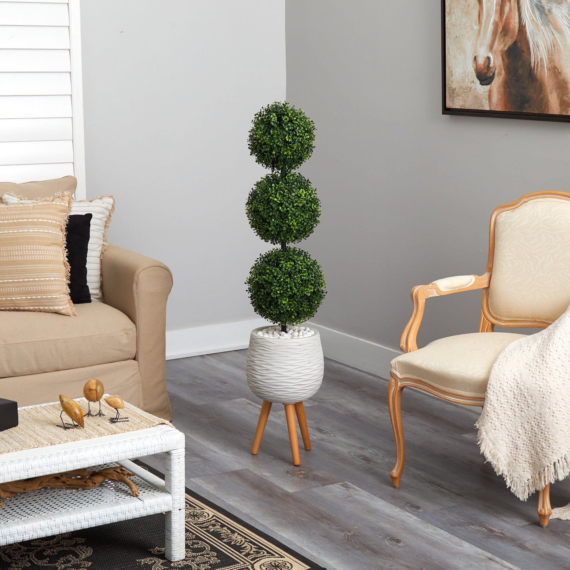 51” Boxwood Triple Ball Topiary Artificial Tree in White Planter with Stand (Indoor/Outdoor - Image 4