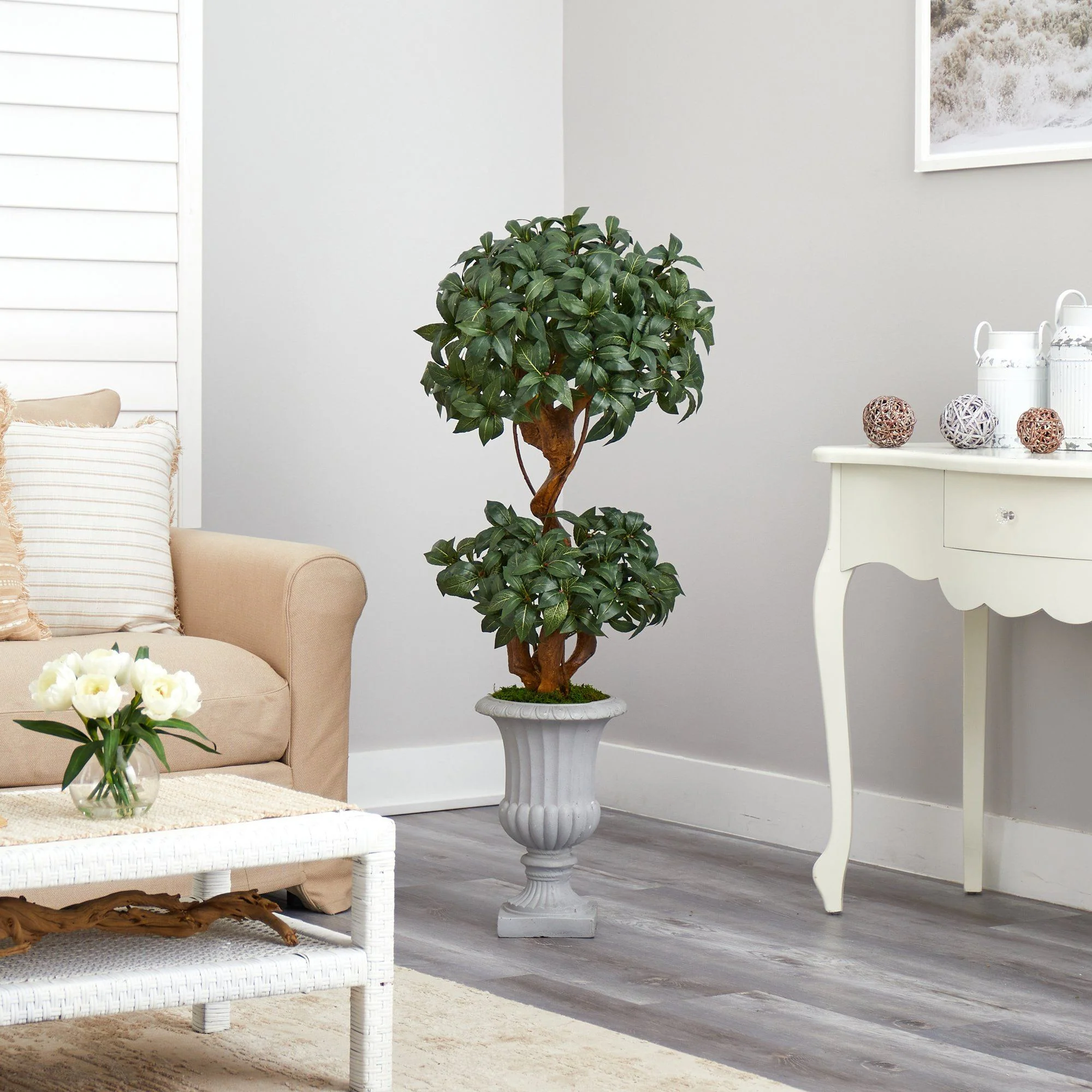 51” Sweet Bay Double Ball Topiary Artificial Tree in Decorative Urn - Image 4