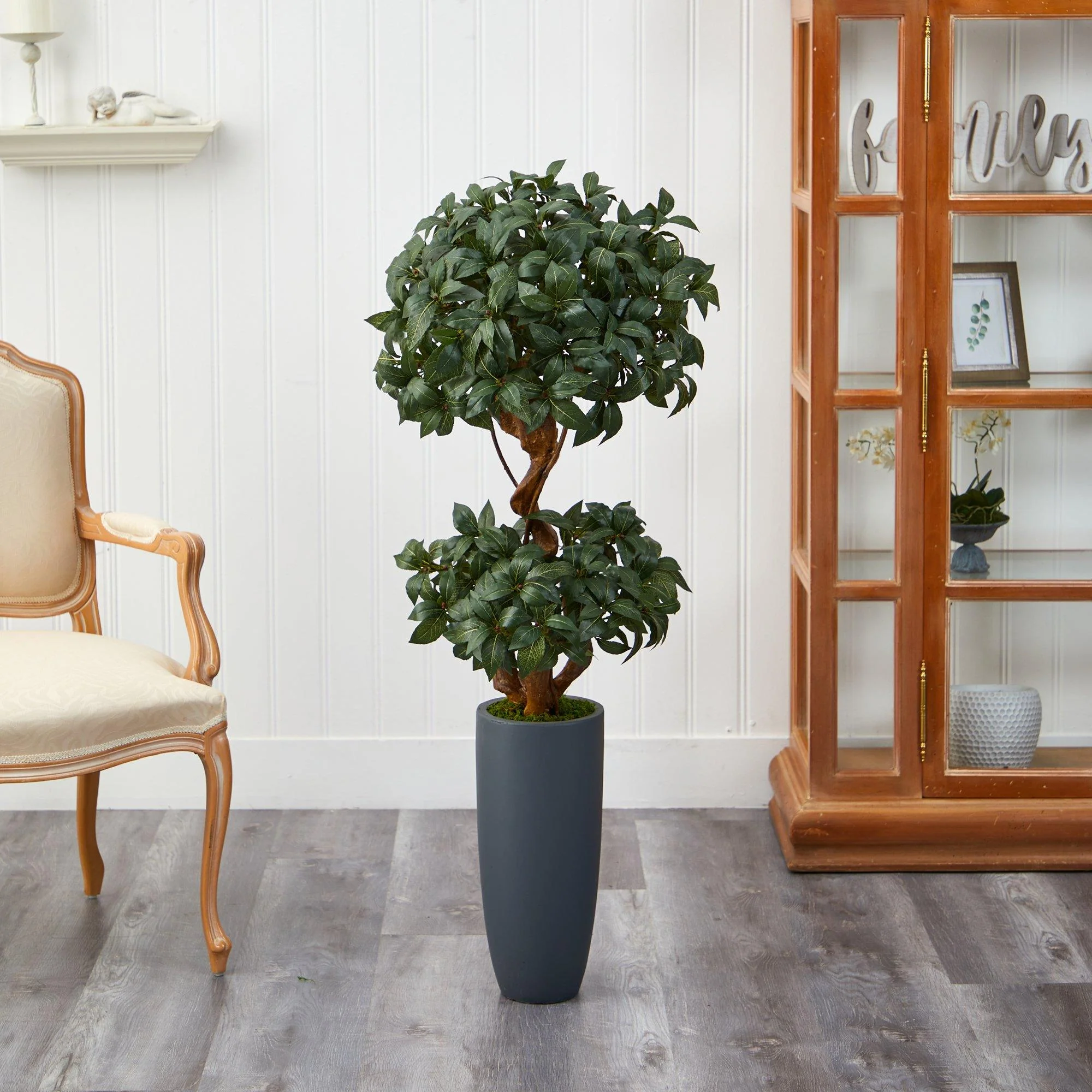 51” Sweet Bay Double Ball Topiary Artificial Tree in Gray Planter - Image 3
