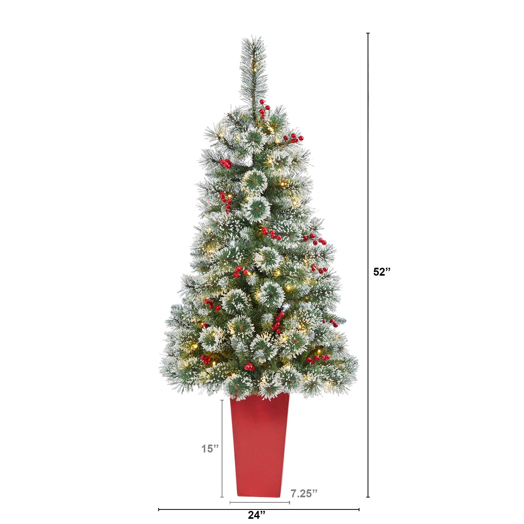 52” Frosted Swiss Pine Artificial Christmas Tree with 100 Clear LED Lights and Berries in Red Tower Planter - Image 2