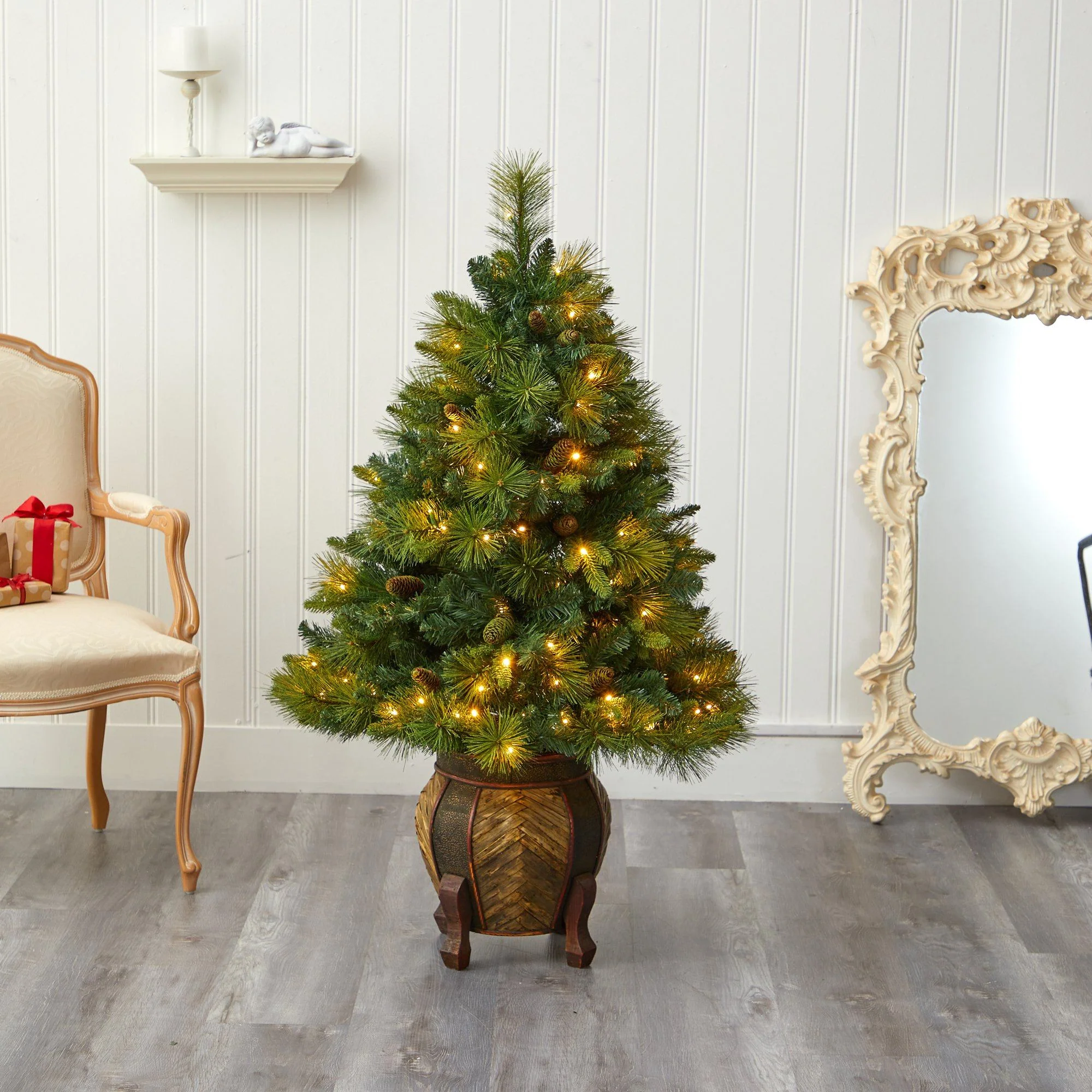52” North Carolina Mixed Pine Artificial Christmas Tree with 130 Warm White LED Lights, 459 Bendable Branches and Pinecones in Decorative Planter - Image 7