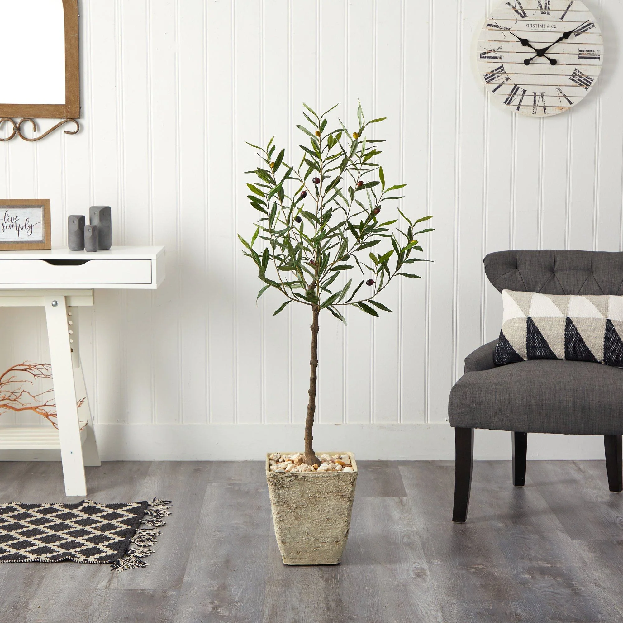 52” Olive Artificial Tree in Country White Planter - Image 3