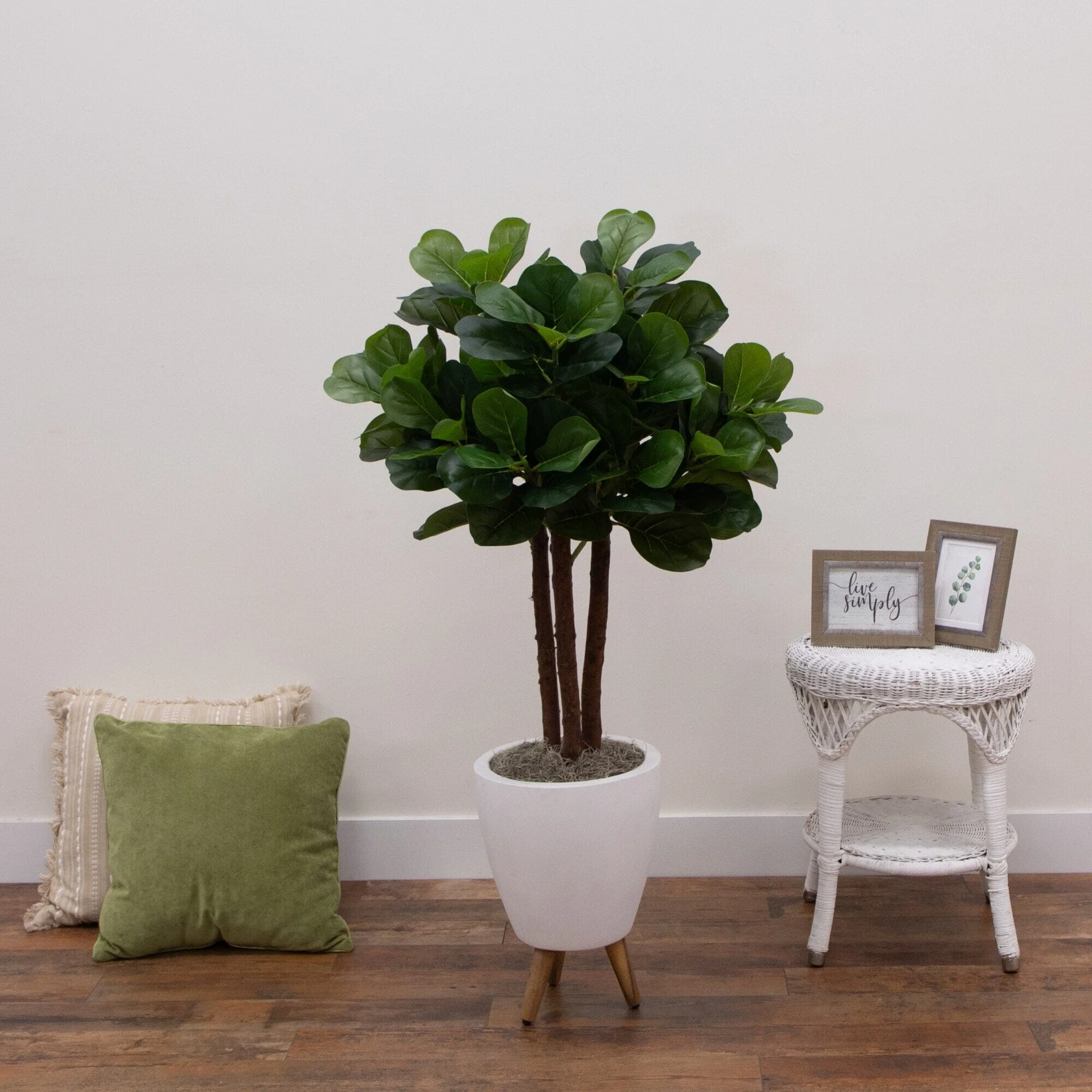 53” Artificial Triple Trunk Fiddle Leaf Fig Tree in White Ceramic Tripod Planter - Image 2