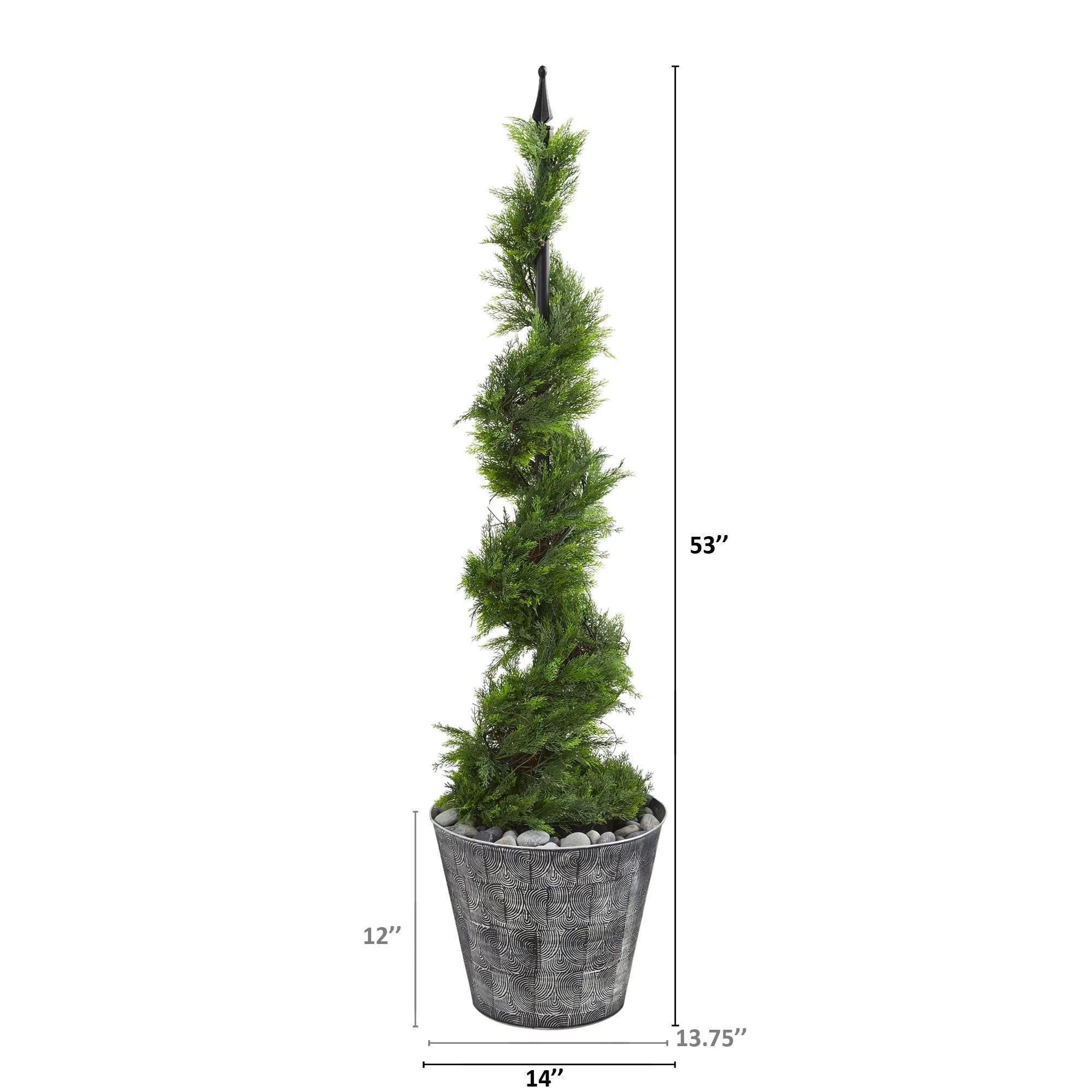 53” Cypress Artificial Spiral Topiary Tree in Black Embossed Tin Planter - Image 2