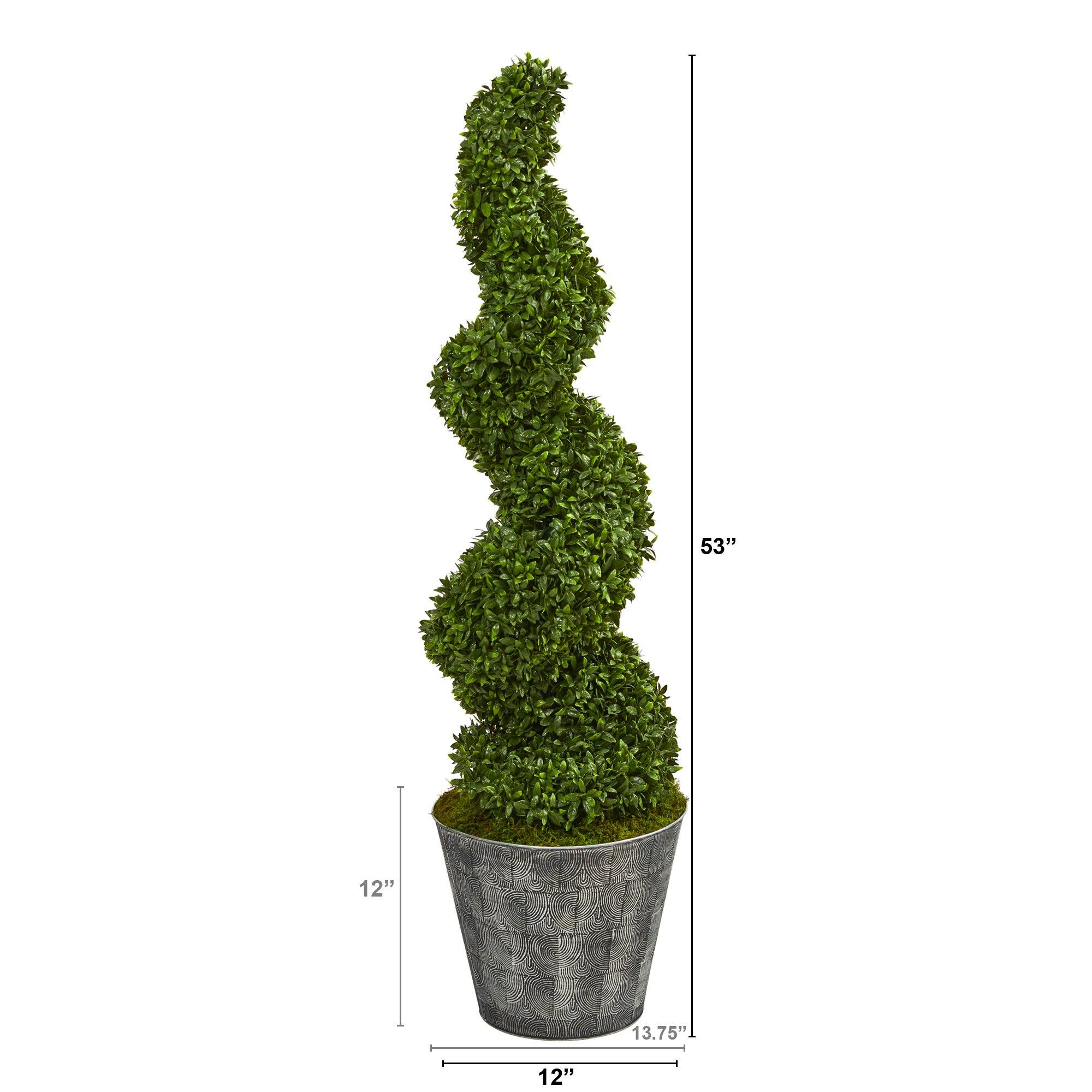 53” Spiral Hazel Leaf Artificial Topiary Tree in Black Embossed Tin Planter  (Indoor/Outdoor) - Image 2