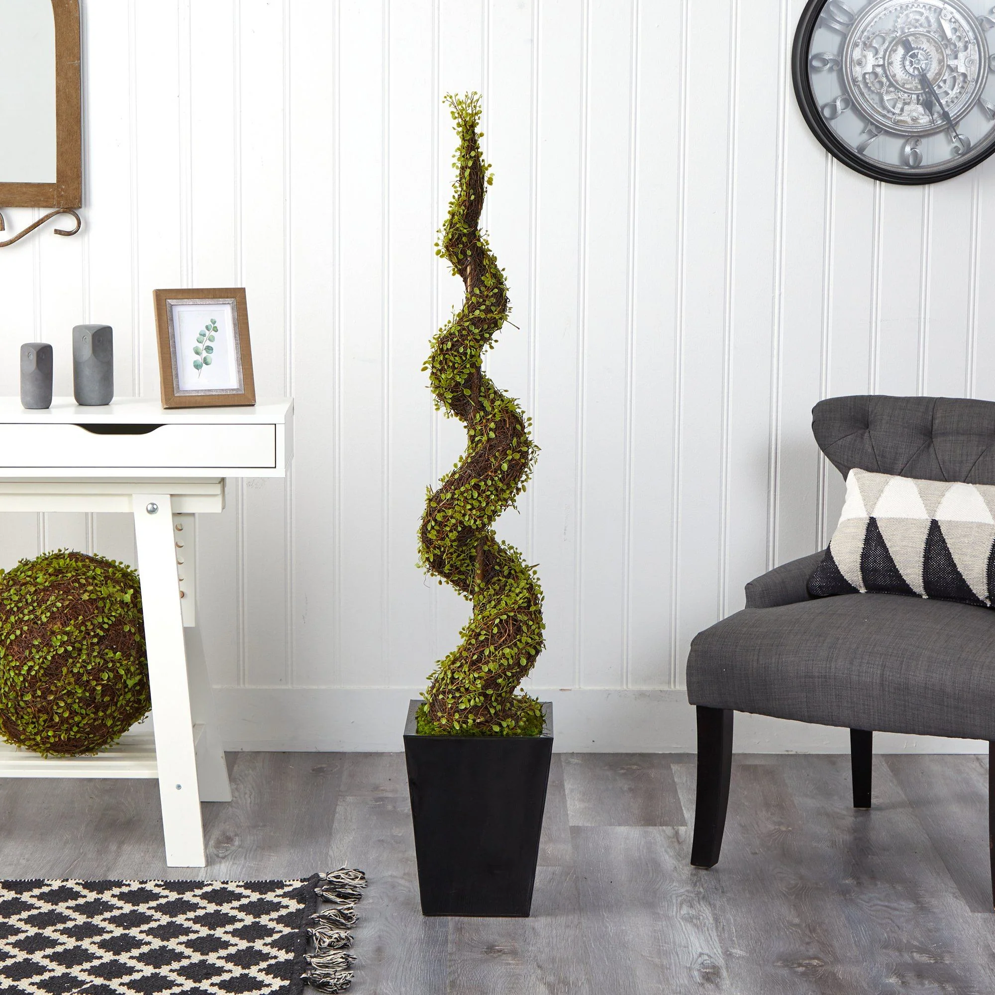 55” Muehlenbeckia Spiral Artificial Tree in Black Metal Planter - Image 3