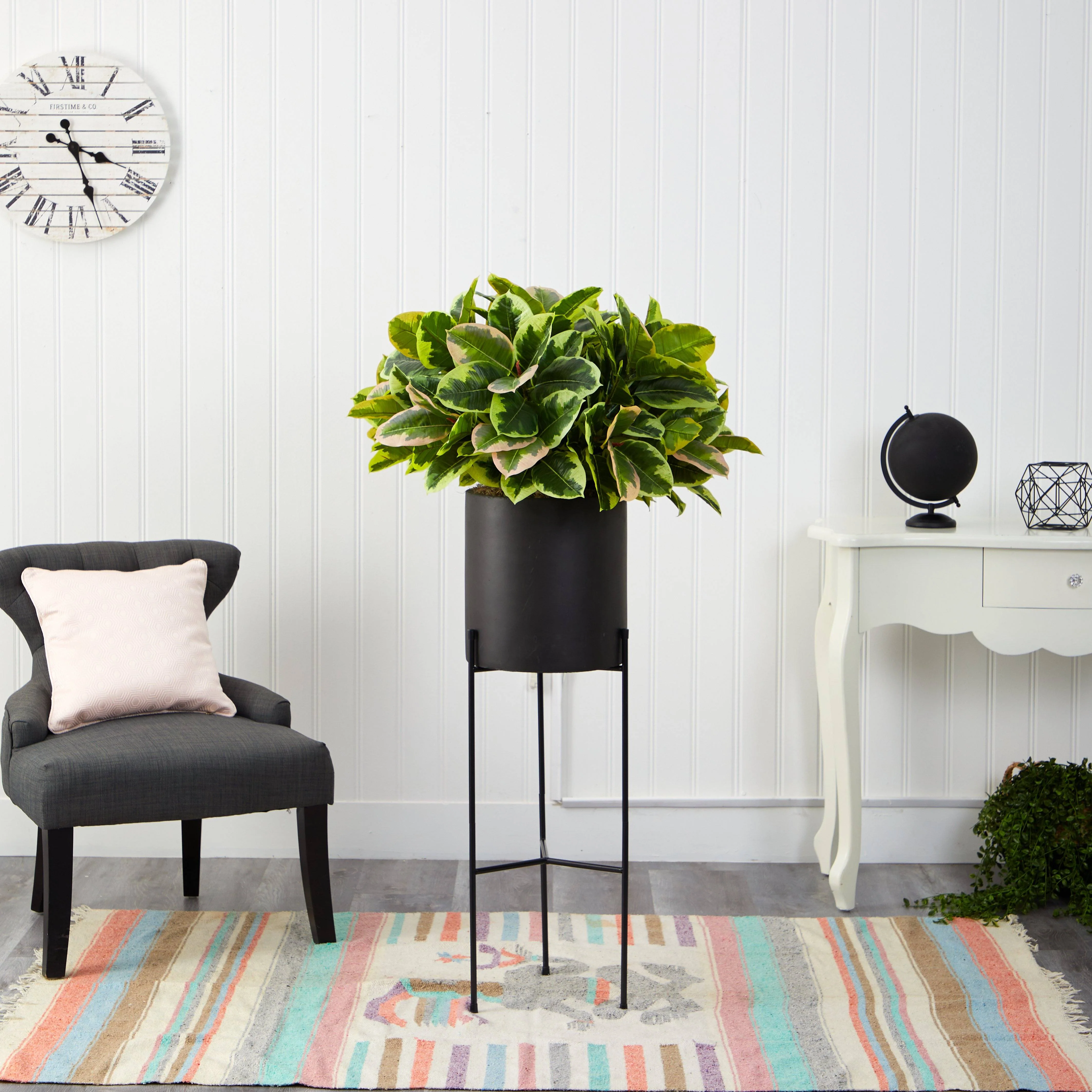 55” Rubber Leaf Artificial Plant in Black Planter with Stand (Real Touch) - Image 3